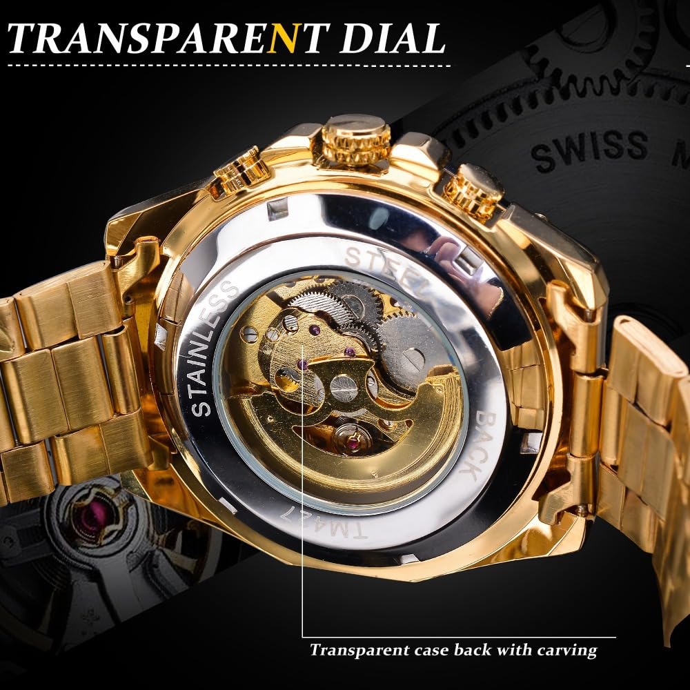 Reloj Esqueleto Dorado con Diamantes Hombre, Reloj Mecánico De Cuerda Manual con Correa De Acero Inoxidable, Relojes Automáticos Hombre, Relojes Luminosos Deportivos Y De Negocios