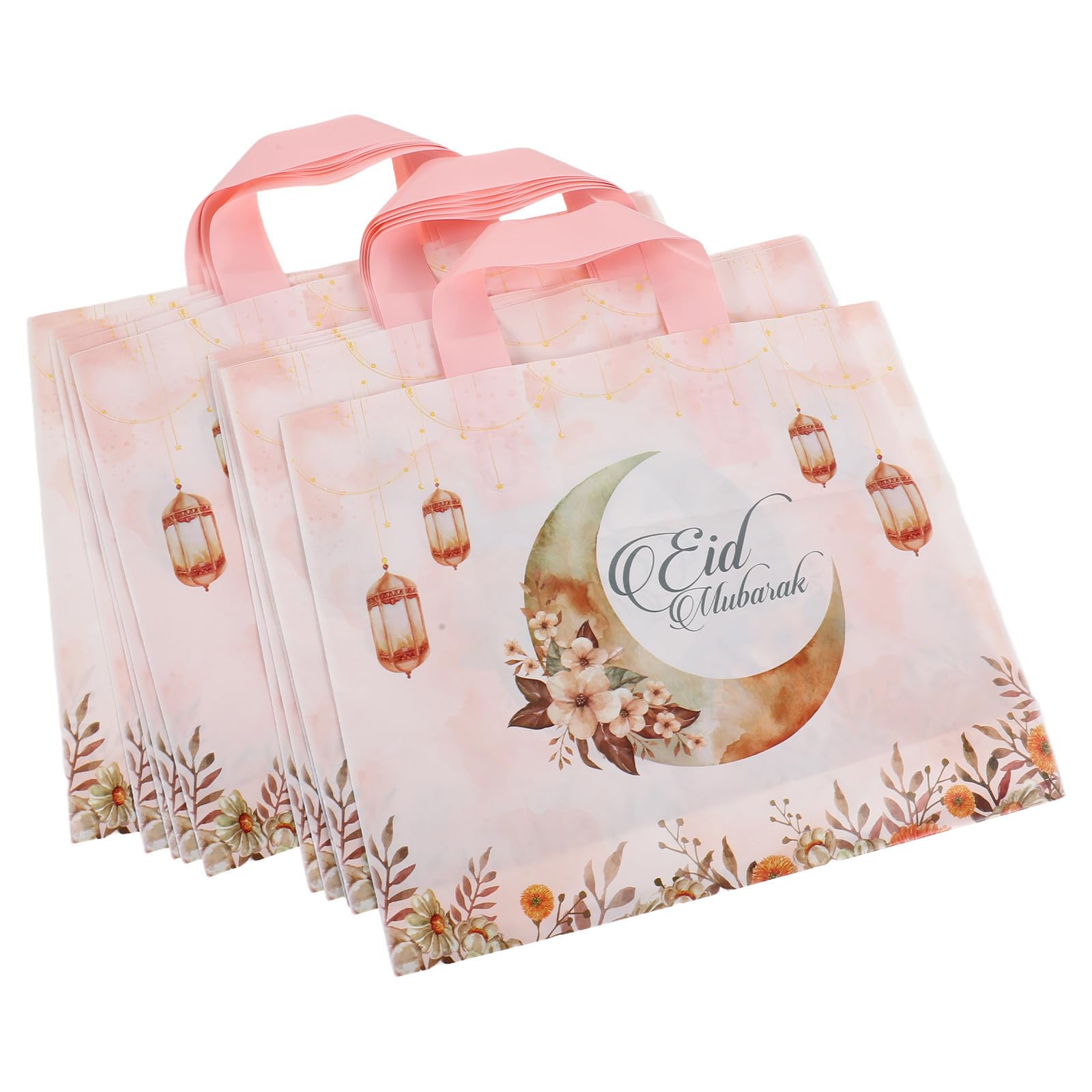 Bolsas de obsequio de plástico para Eid Mubarak portátiles decoradas con diseño de luna rosa