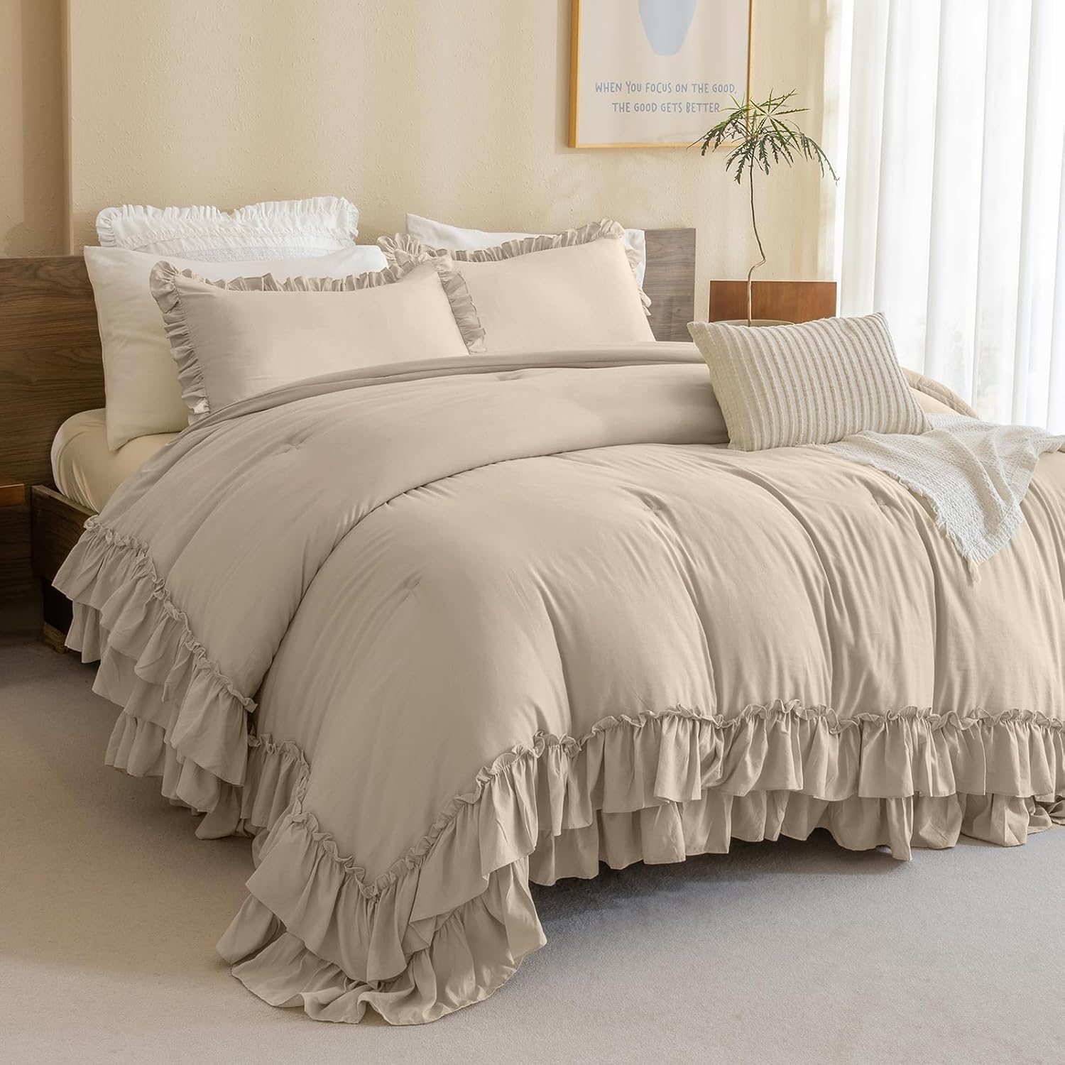 Masaca Farmhouse King Size Comforter Set,Shabby Boho Chic Bedding Ruffled Linen Feel Textured King Bed Comforter Vintage Rustic French Country Bedding Sets 3 Pieces King Linen