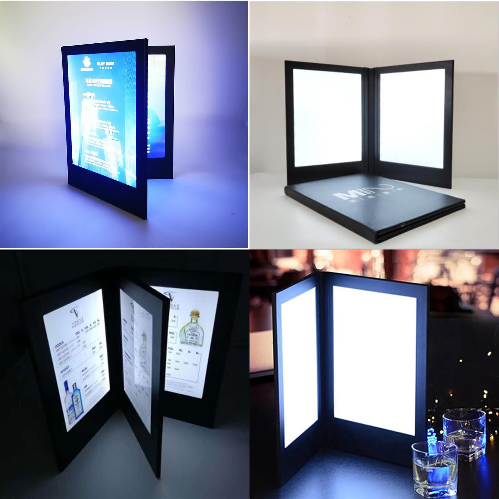 Cubiertas de Menú Luminosa A4/A5, Libro de Menú con Luz LED Recargable, Soporte de Exhibición Iluminado Plegable de Tres Paneles y Cuatro Lados, Textura de Cuero, Expositor para Bares de Restauran A4