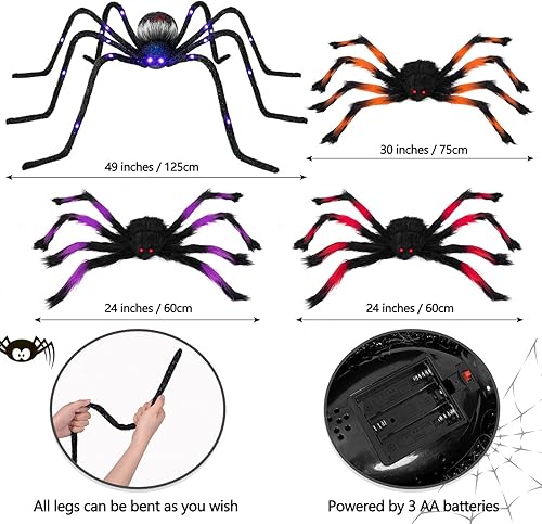 Miniatura 4 de Rocinha Paquete de 4 arañas de Halloween, araña gigante de 4 pies y araña peluda colorida con ojos rojos, araña grande iluminada con LED que cambian