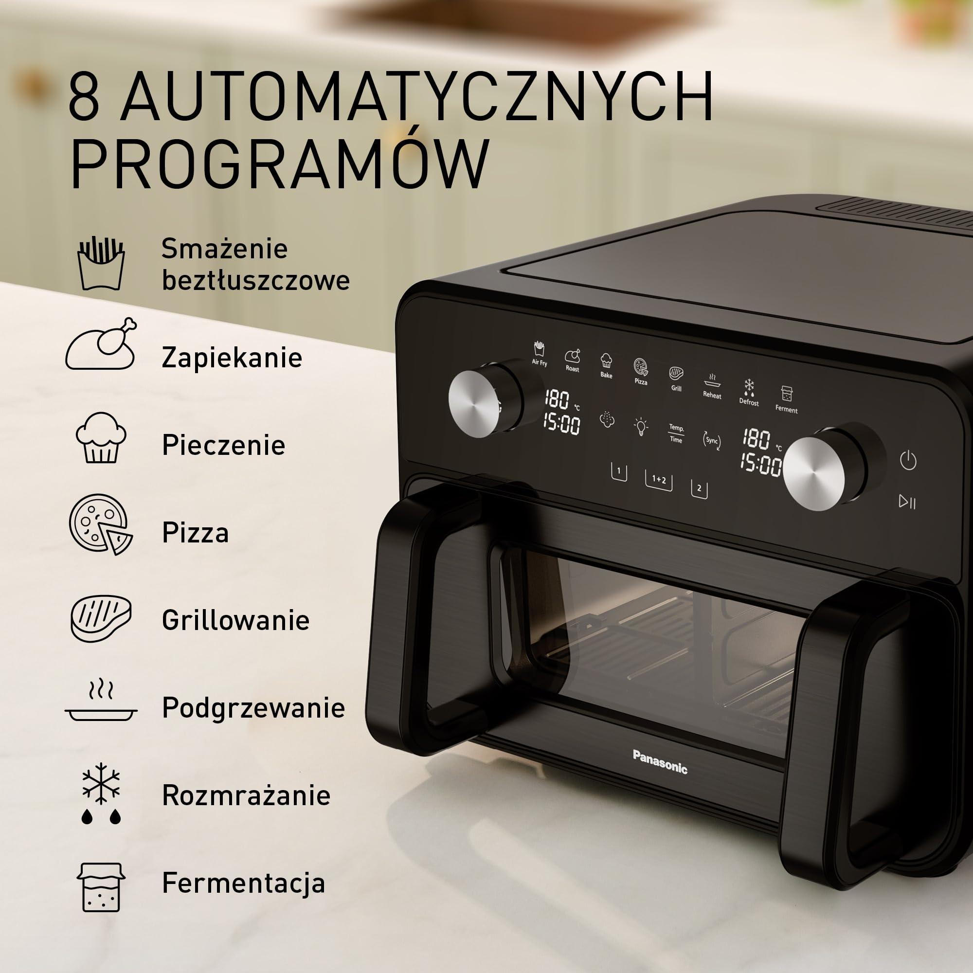 Panasonic NF-BC1000KXE Frytkownica beztłuszczowa Air Fryer Flex z okienkiem, 30°-230°C, 9,6 L, podwójny kosz, delikatna para, 8 programów, łatwe czyszczenie, czarna