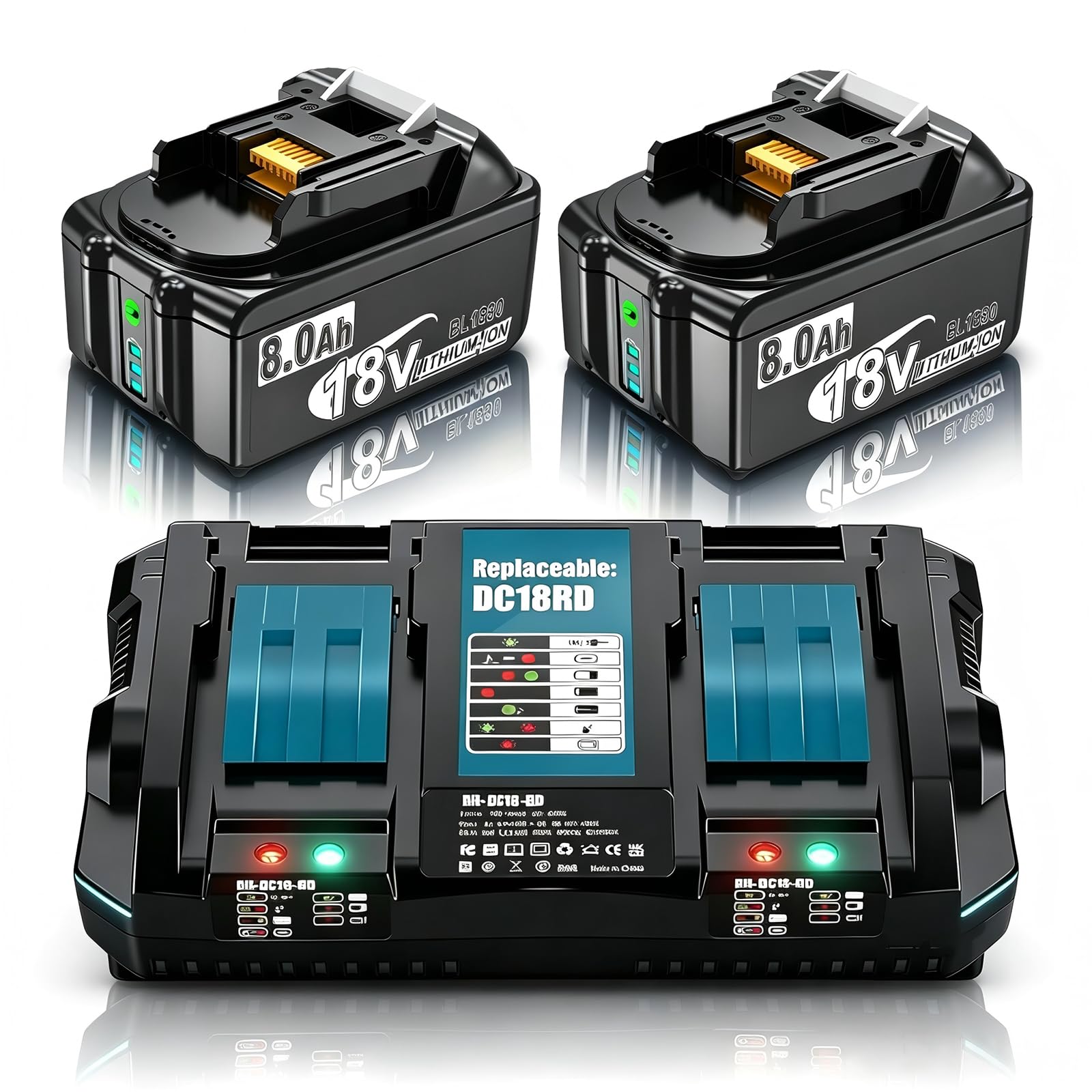 Replacement for Makita 18V Batteries: 2x 8.0ah Battery + Dual Port Charger