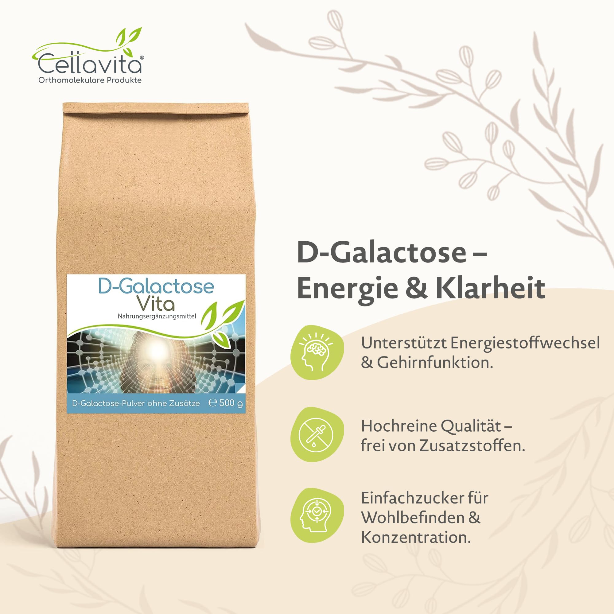 Cellavita – D-Galactose Vita Pulver (>98% hochrein) 500g – Galaktose Nahrungsergänzung für Energiestoffwechsel & Gehirnfunktion – Einfachzucker zusatzstofffrei für mentale Klarheit & Wohlbefinden