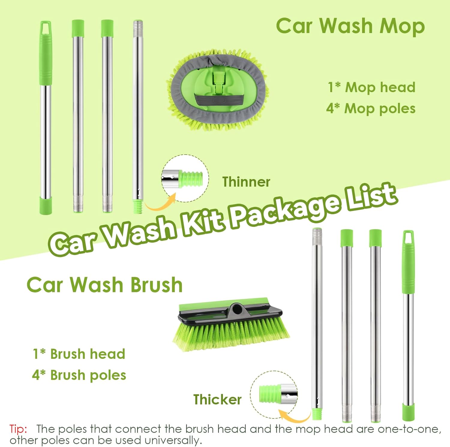 2 Pack Car Wash Brush with Long Handle, 62" Microfiber Car Wash Mop and Car Washing Brush Combo Set, Scratch-Free Soft Bristle Car Wash Mop Brushes Cleaning Kit for Exterior Car, Truck, RV, Boat