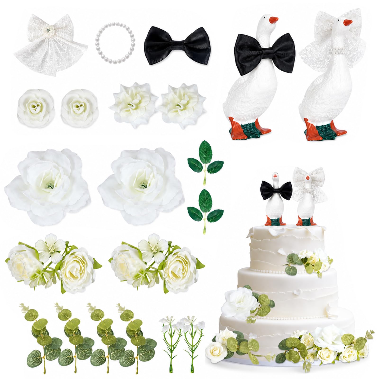 22 PCS Wedding Cake Topper Set - Couple Goose Wedding Cake Toppers with Artificial White Roses Eucalyptus Greenery, DIY Wedding Cake Decorations for Bride & Groom Engagement Anniversary