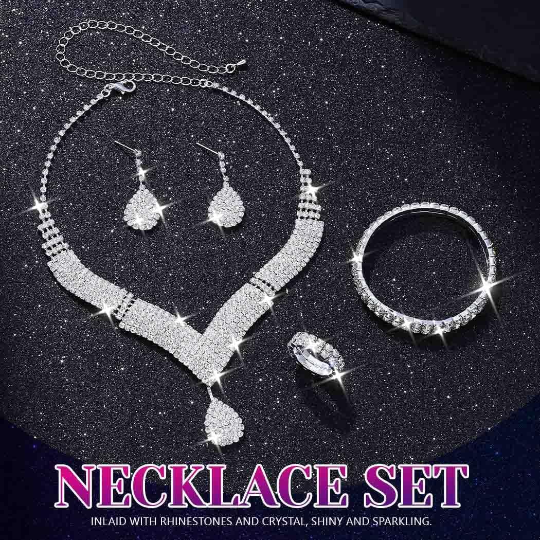 JAKAWIN Bridal Wedding Jewelry Set Silver Rhinestone Prom Necklace Earring Bracelet Set for Women - Image 2