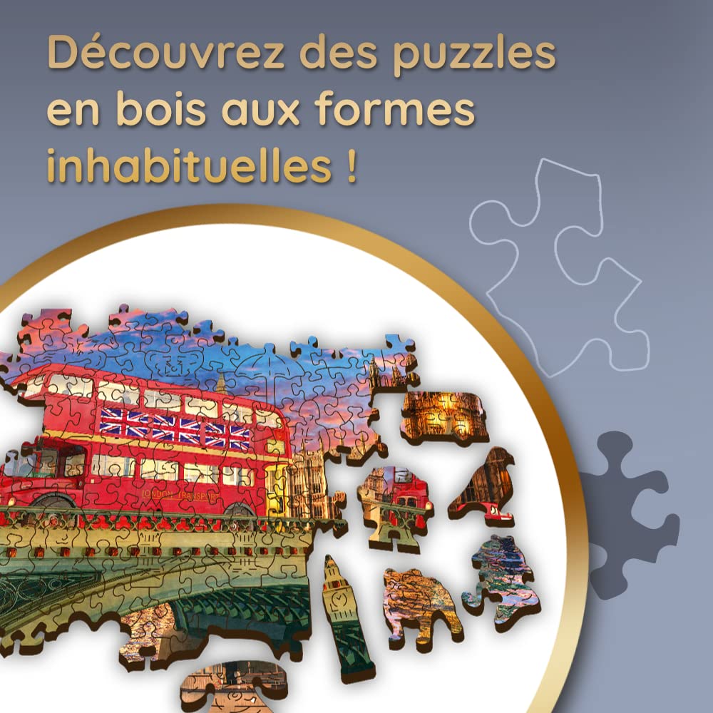 Trefl - Puzzle en Bois, Palais De Westminster, Big Ben, Angleterre, Londres London - 500+1 Pièces, Artisanat en Bois, Formes Irrégulières, 50 Figures De Monuments Et Symboles Anglais