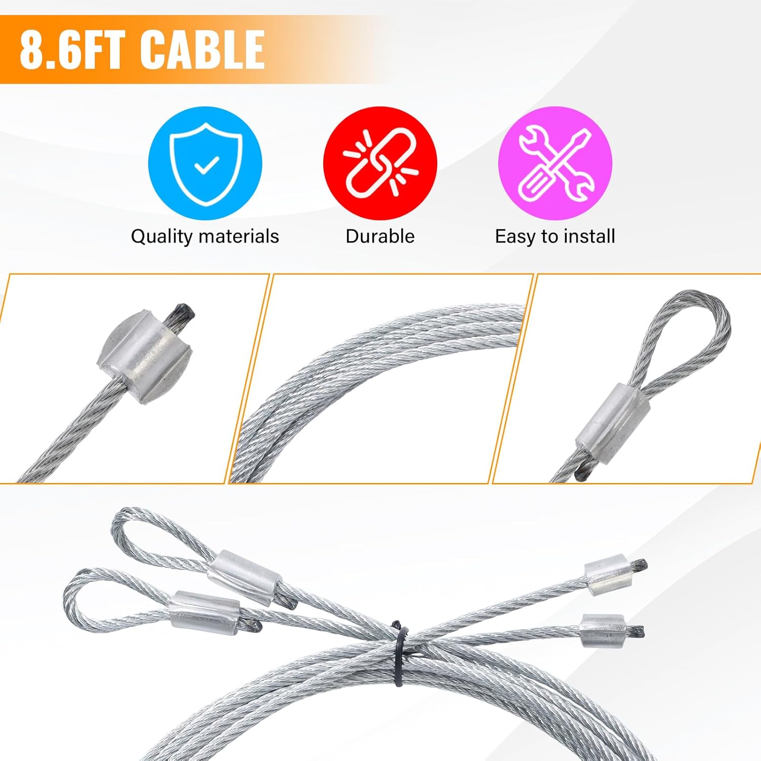 2PCS Garage Door Cables for 7 ft Door – 8.5 Ft Heavy Duty Wire Replacement for Torsion Spring Systems, Rust Resistant Garage Door Repair Kit