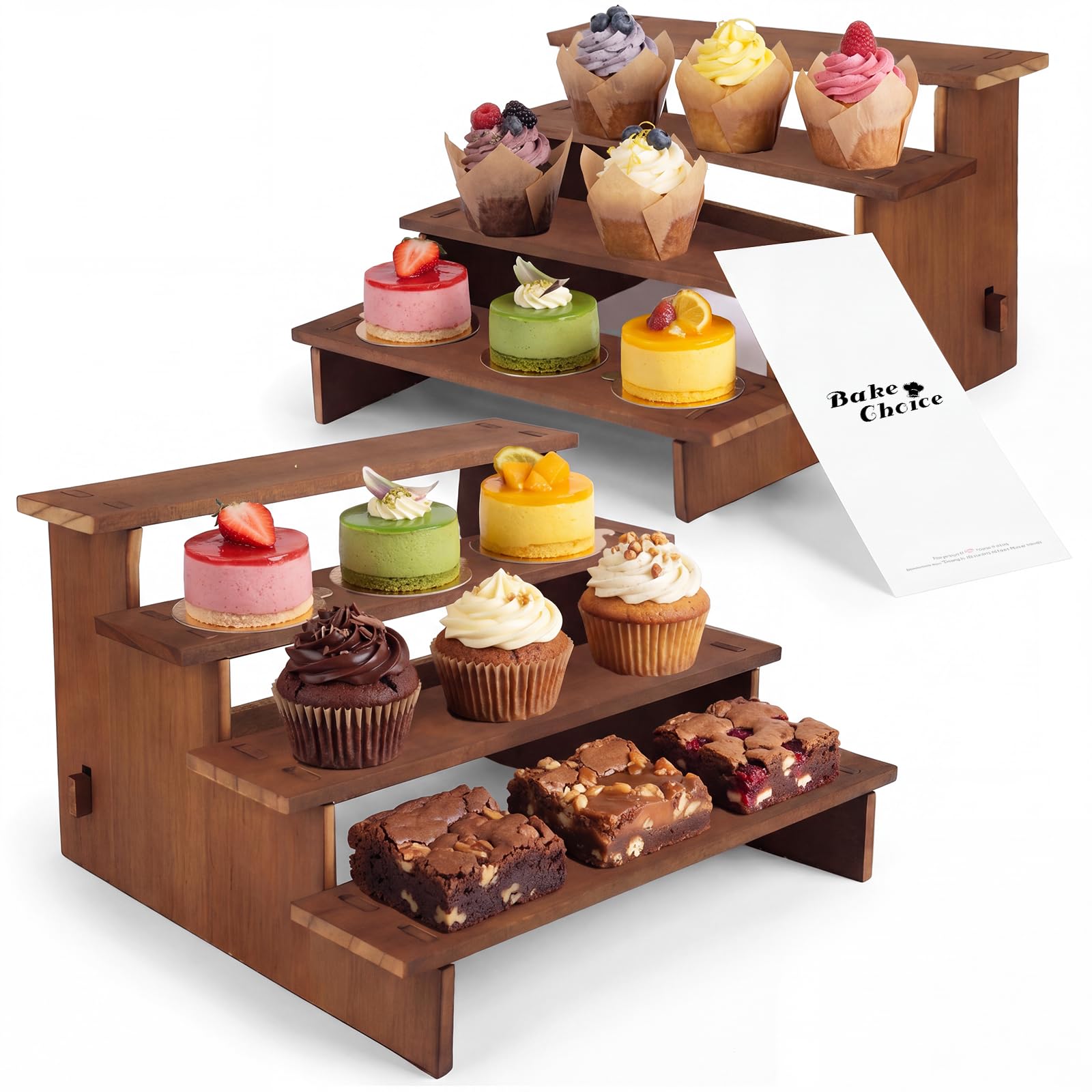 Bake Choice 2 Set Wooden Cupcake Stand, Tiered Risers Display Stands, M | Stackable 4-Tier Rustic Wood Dessert Table Display Set, Farmhouse Decor Stand for Vendor Events, Party, Baby Shower, Wedding