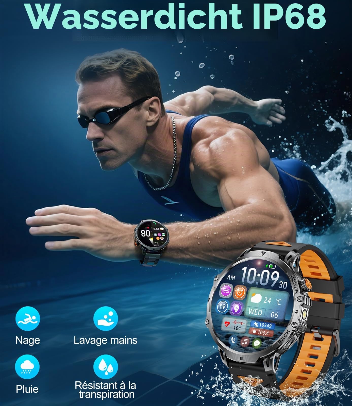 DREMAC Militär Smartwatch Herren-1.85'' HD Große Display/1000mAh Akku,Smartwatch mit 110+ Sportmodi/Taschenlampe/IP68 Wasserdicht,Fitnessuhr mit Puls/Schlafmonitor,Android iOS