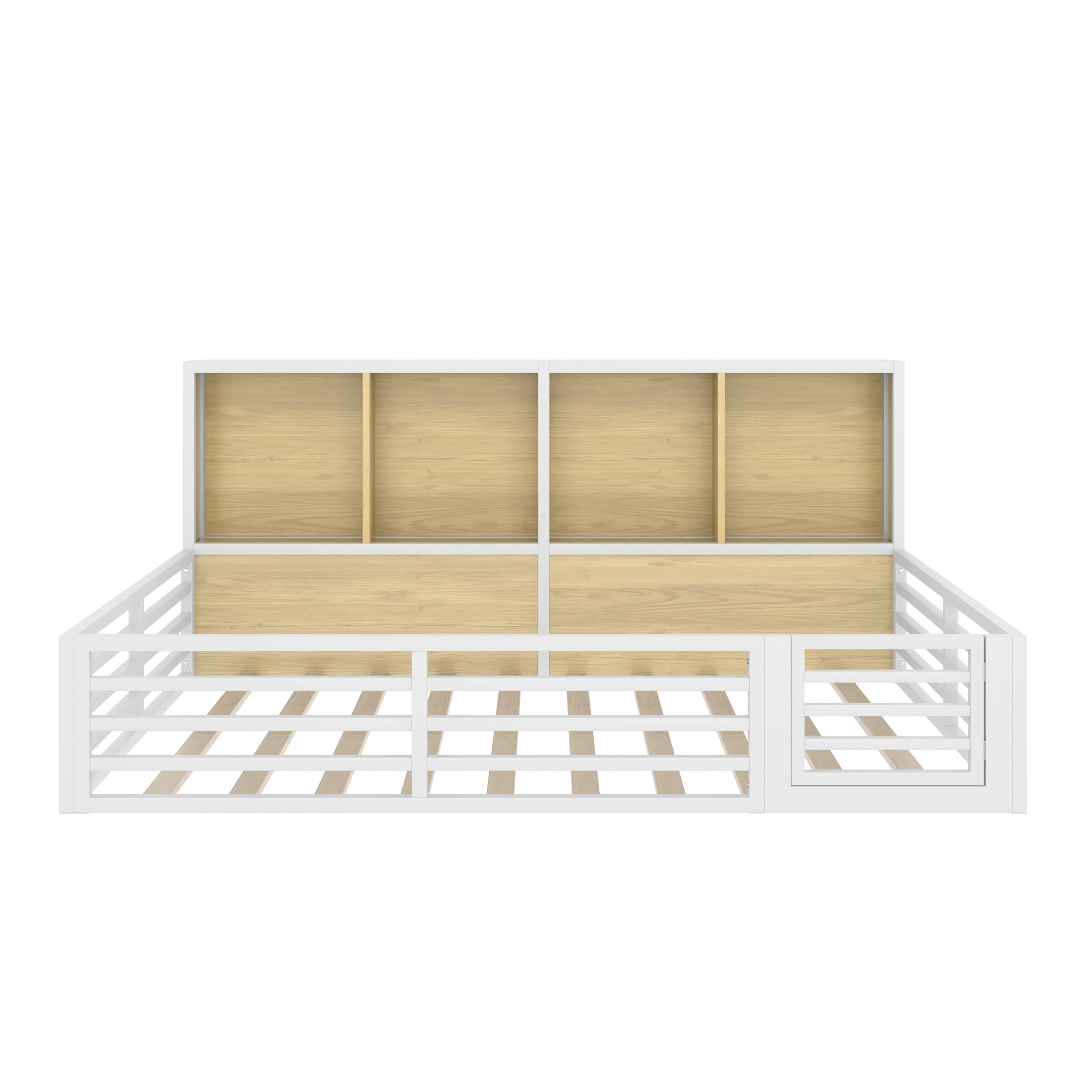 Kinderbett Bodenbett 140x200 mit Rausfallschutz & Lattenrost, Montessori Bett Hausbett mit 4 Staufächer & LED-Beleuchtung & Tür, Gitterbett Metallbett Bettgestell Spielbett (Weiß, 140x200CM)
