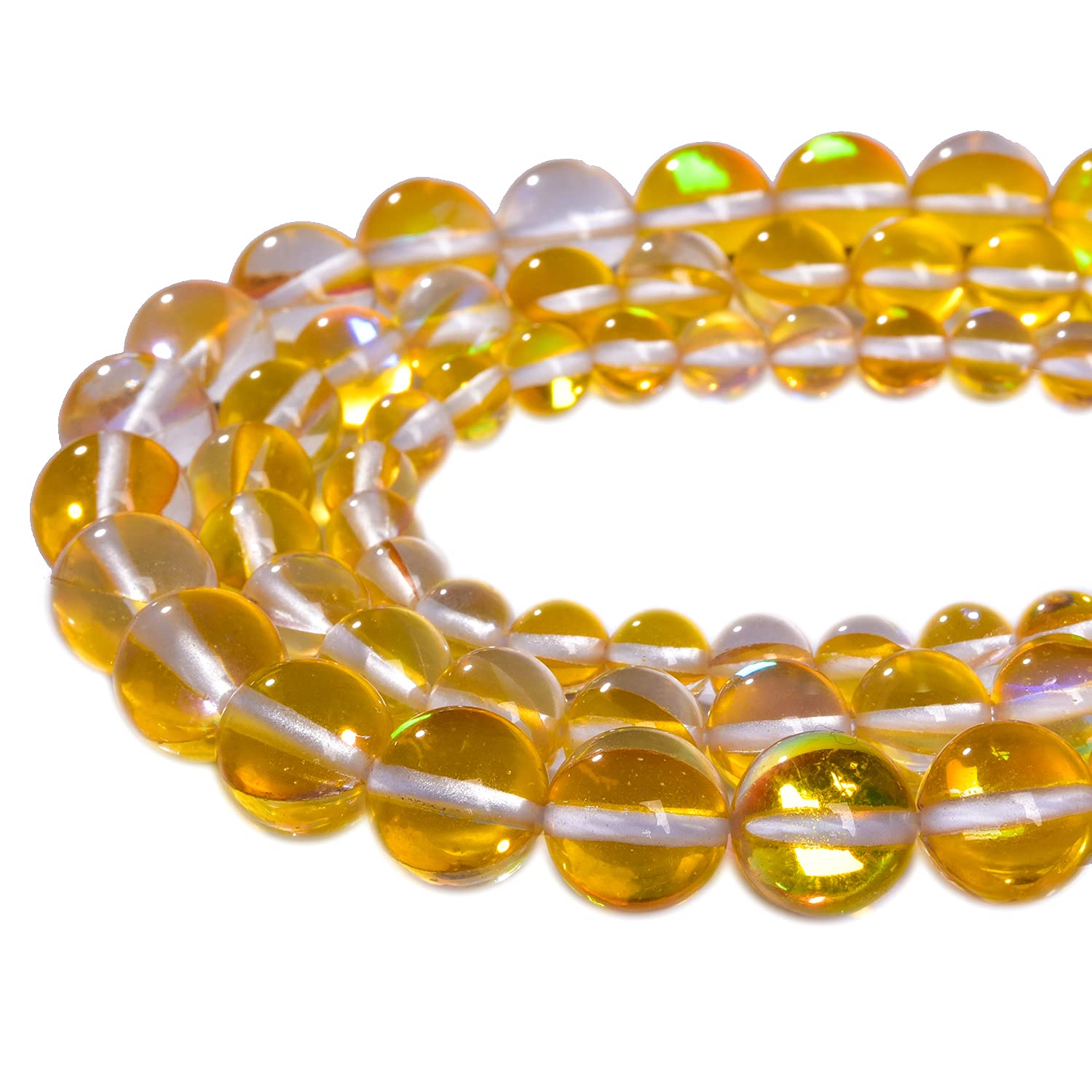 Asingeloo 60PCS 6mm Yellow Angel Aura Beads Round Gemstone Beads Polished Mermaid Aura Moonstone Beads Smooth Stone Loose Beads Crystal Quartz for DIY Jewelry Making 1 Strand 15”