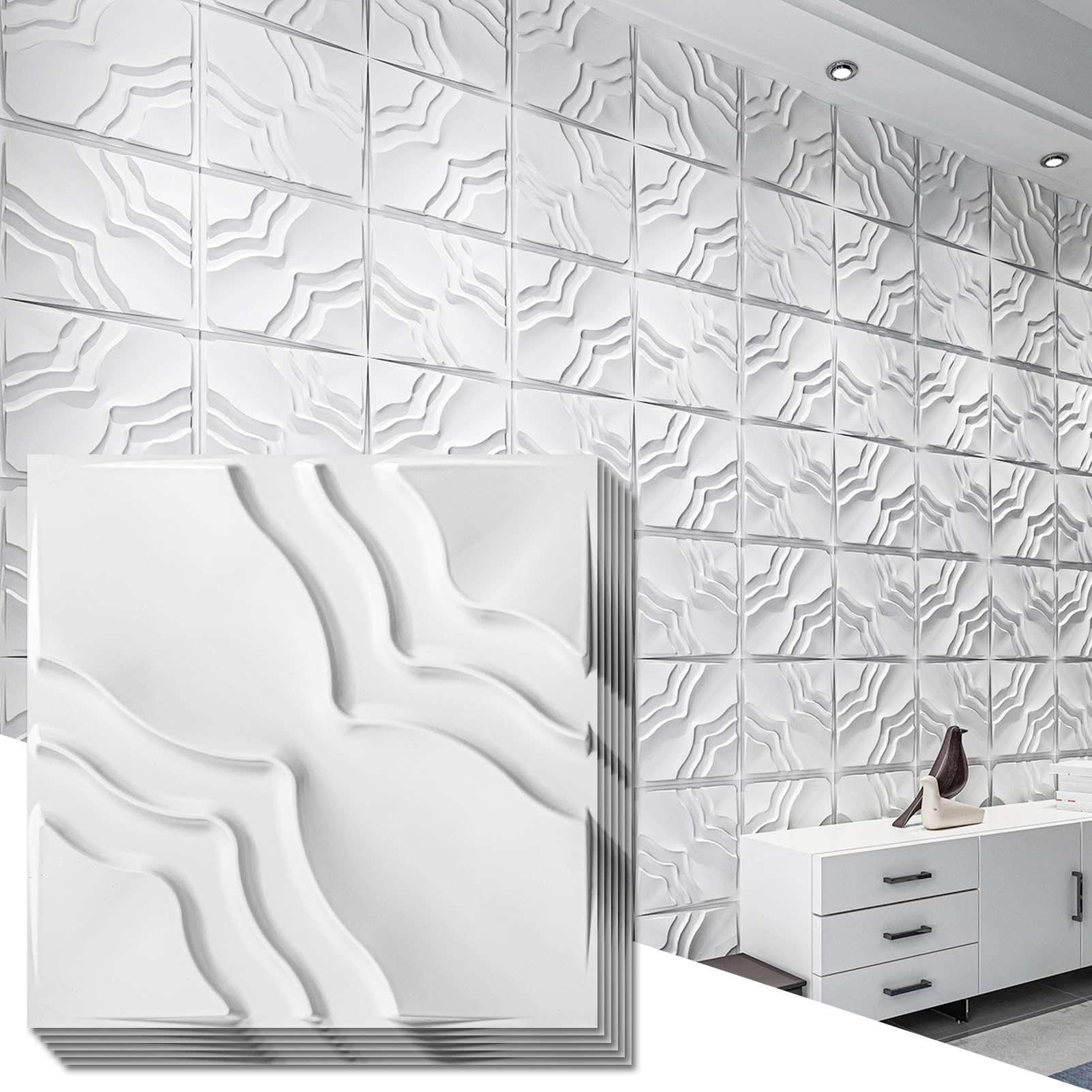 Art3dwallpanels 33 Pack 3D Wall Panel, 2 Different Effects PVC Textured Wall Panels for Interior Wall Décor, 12 x12 Inch Cover 32.Sq.Ft, White