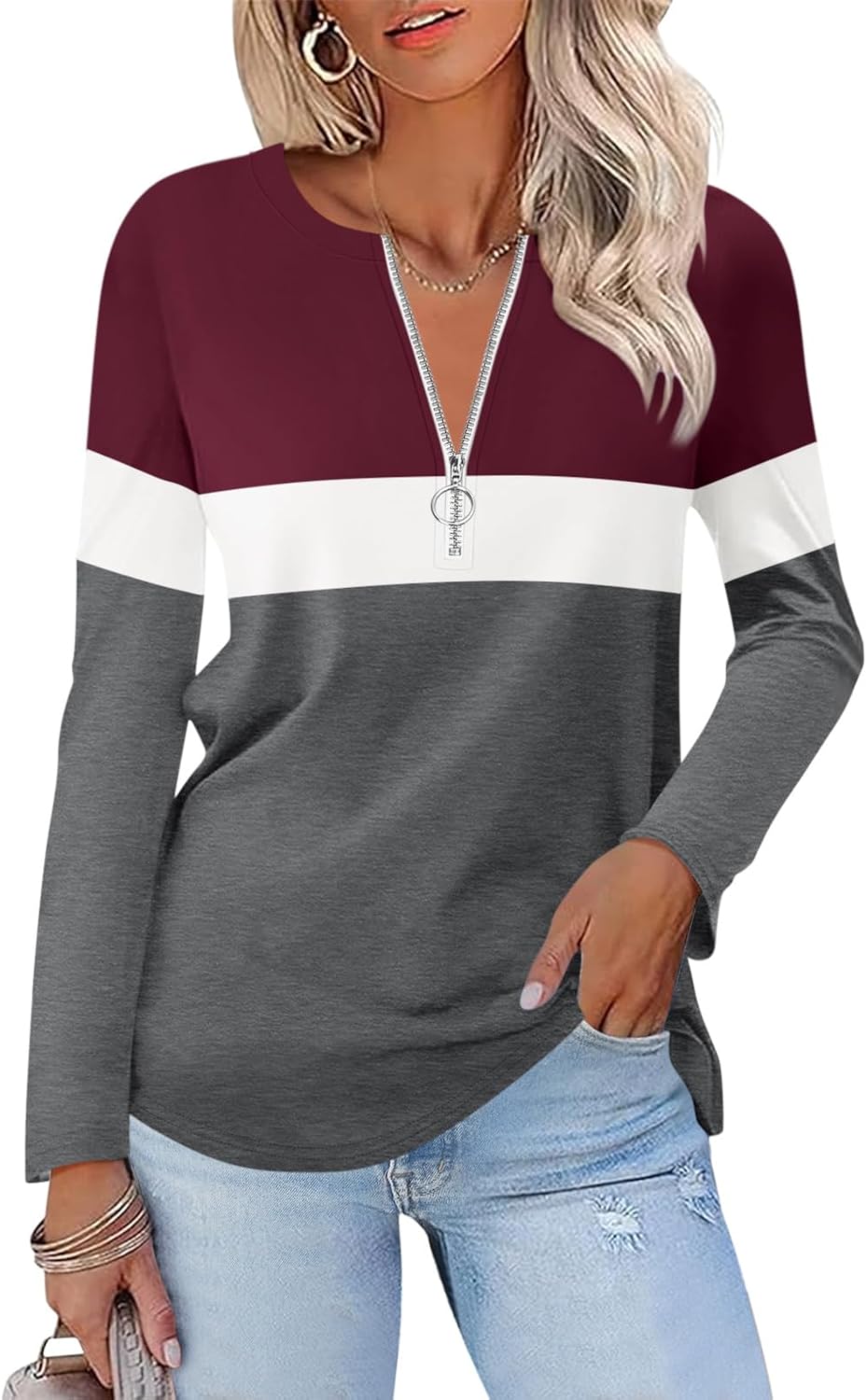 TICTICMISS Women's Long Sleeve Off Shoulder Top - Color Block Tunic Shirt, Casual Polyester Rayon Spandex Blend