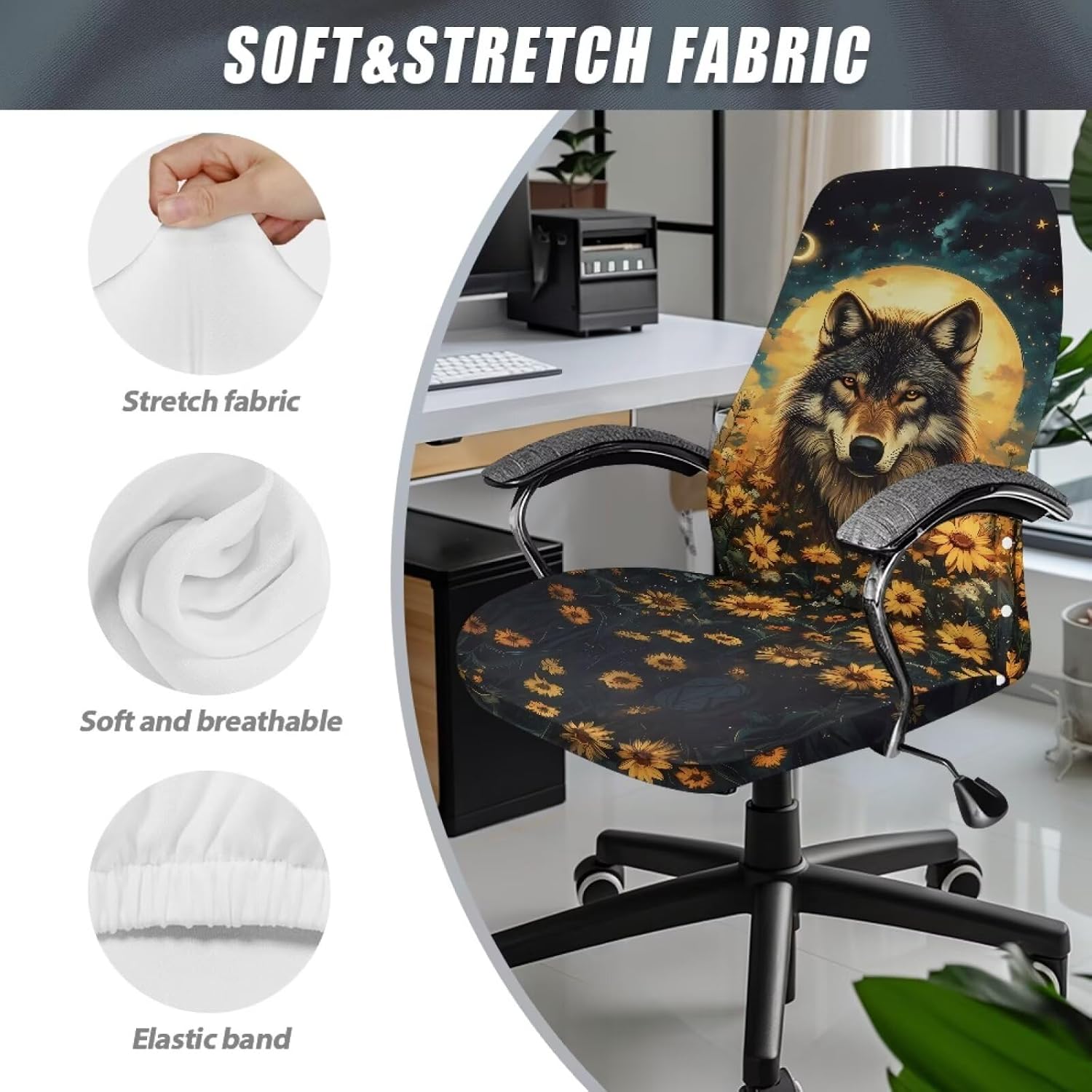Sunflower Wolf Print Office Chair Cover Computer Chair Covers for Armrest Chair Removable Protector Slipcover Stretch Fabric Boss Chair Covers for Home Office, Small