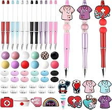 Galaton 12 Set Hospital Theme Plastic Beadable Pens DIY Set, Assorted Bead Pens Crystal Round Spacer Pendant Set Black Ink DIY Ballpoint for Teachers, Women Men Gift Office Supplies