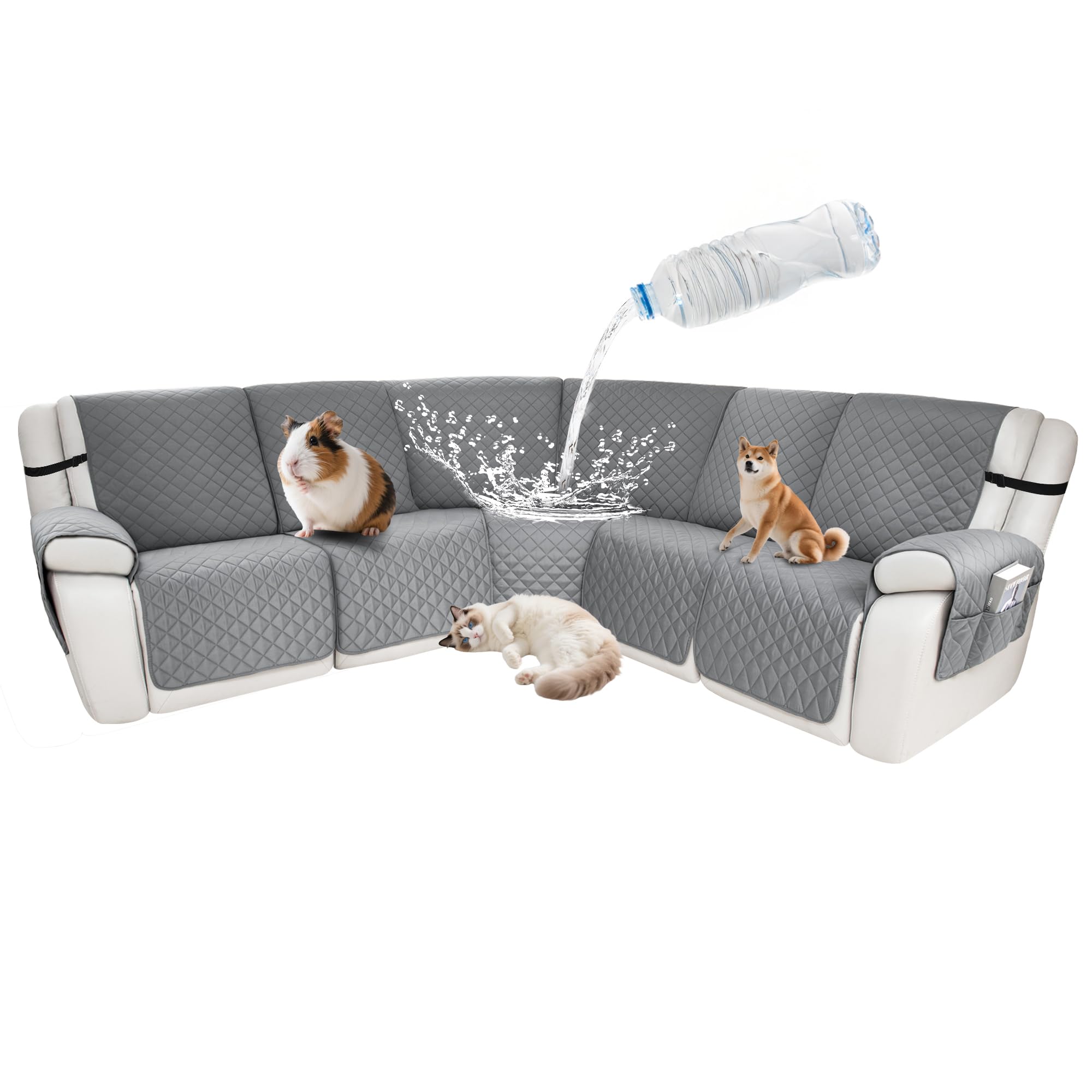 Waterproof Sectional Reclining Couch Covers L Shaped Recliner Sectional Sofa Cover 7 Piece Non Slip Washable Corner Recliner Slipcover Set for Pet Dog (5 Seater Cover, Silver Gray)