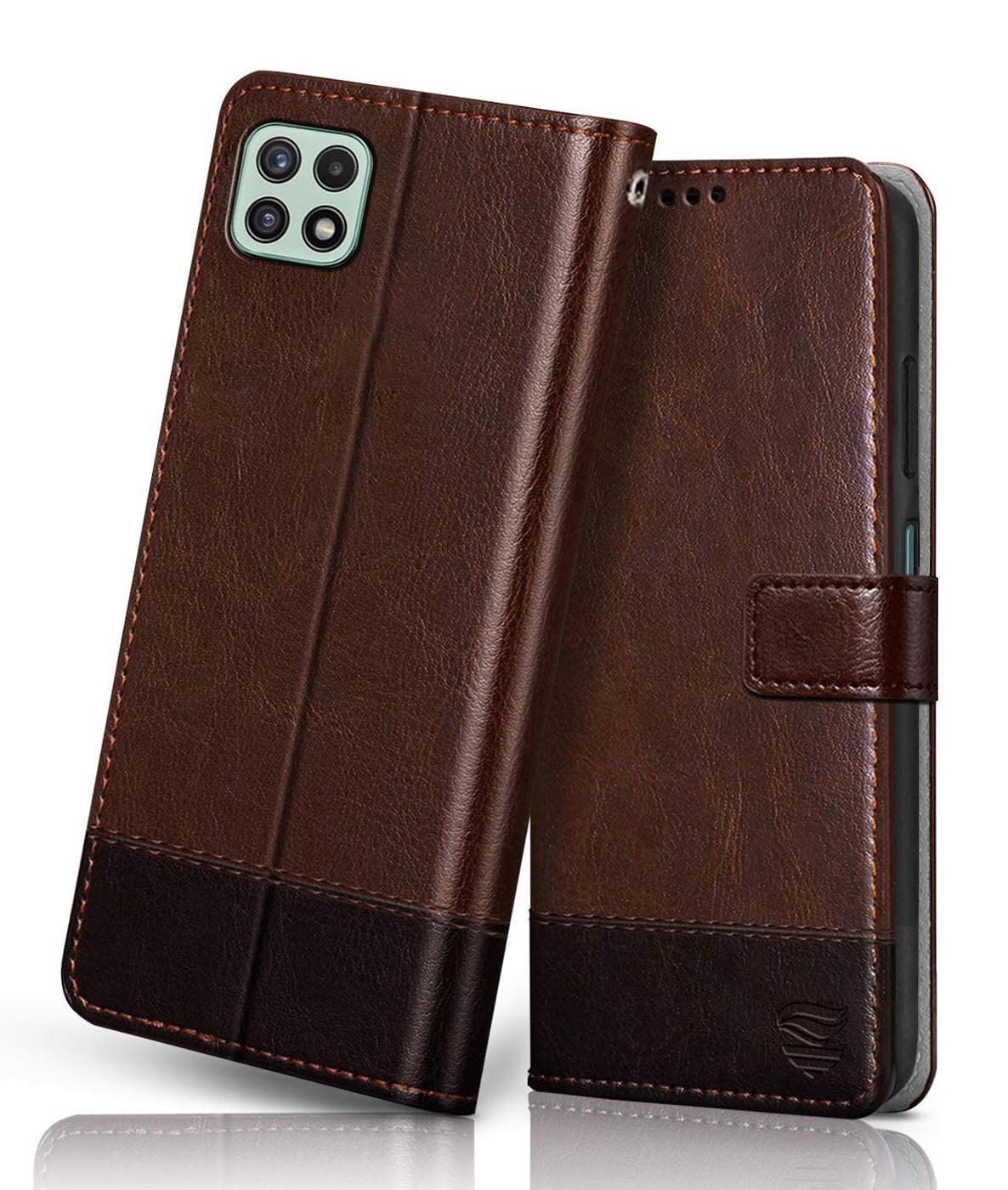 FLIPPED Vegan Leather Flip Case Back Cover for Samsung Galaxy A22 5G | F42 5G (Flexible, Shock Proof | Hand Stitched Leather Finish | Card Pockets Wallet & Stand | Brown with Coffee) (B09J3TL7TS) Amazon Price History, Amazon Price Tracker