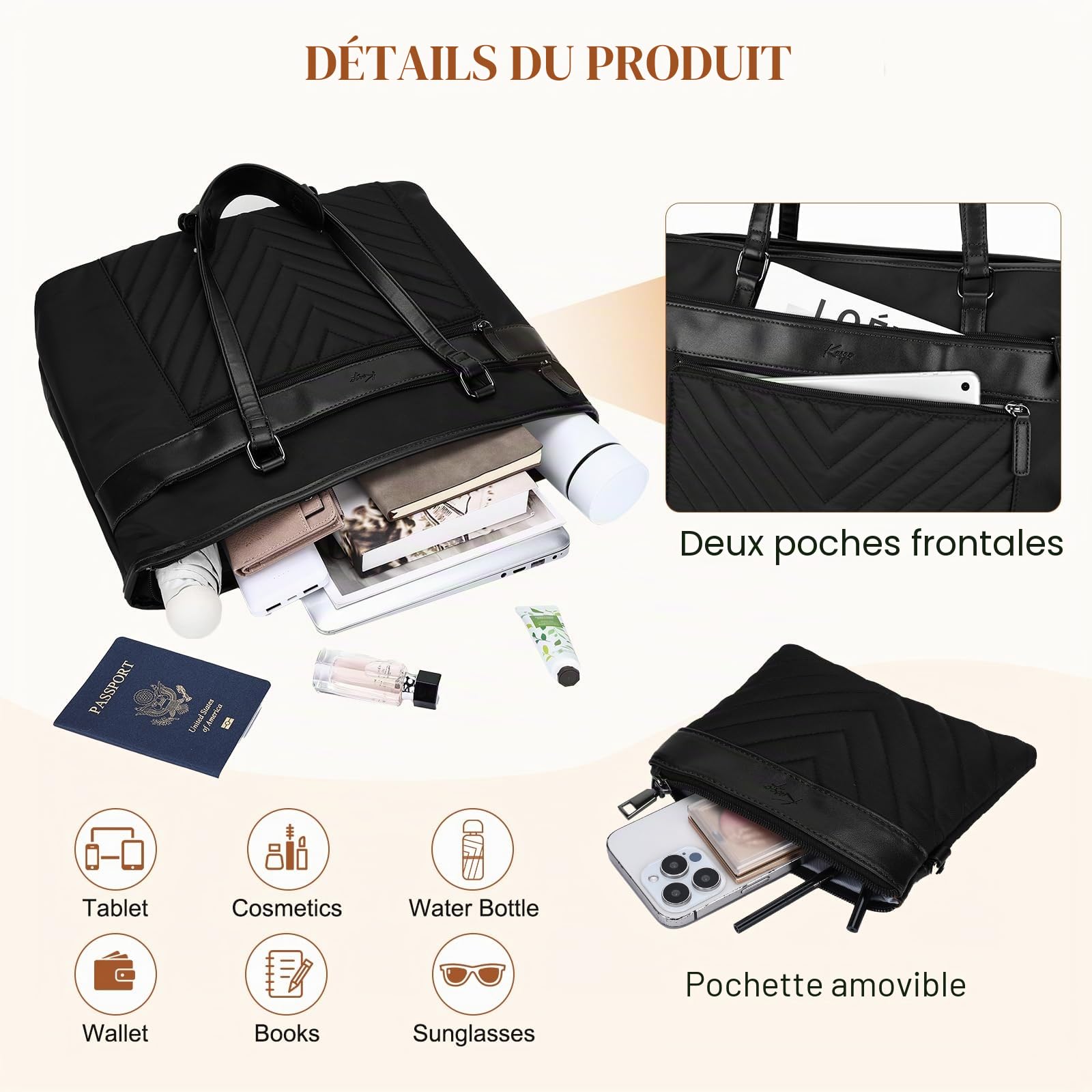 Cabas Femme, Grand 21L Sac Ordinateur Femme 15,6 Pouces Sac a Main Fourre Tout Résistant à l'Eau Élégant Poches Multiples pour Travail Affaires Cours Lycée Voyage