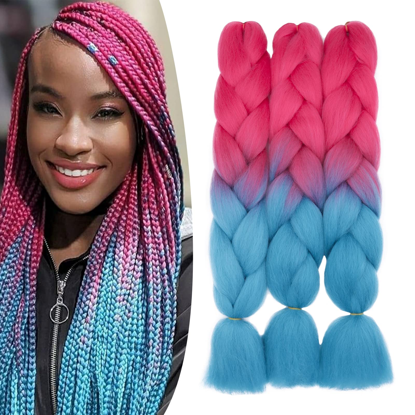 24inch Jumbo Braidig Hair Extensions Ombre Jumbo Braids 3PCS/Lot 300g High Temperature Synthetic Hair for Women Box Twists Crochet Braiding, Rose Red-Lake Blue