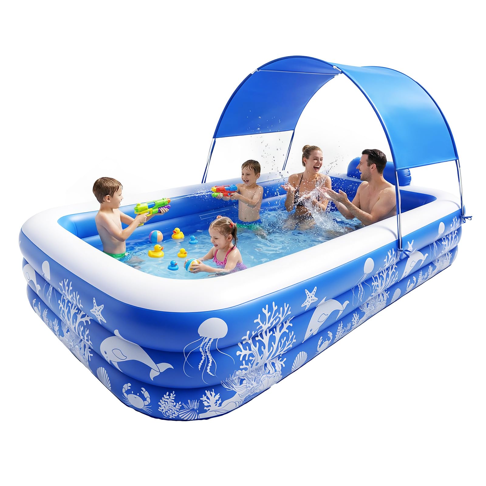 Pool with Canopy, Family Size Swimming Pool Thickened Kiddie Pool for Kids Children Family Outdoor, 120'' x 68'' x 57''