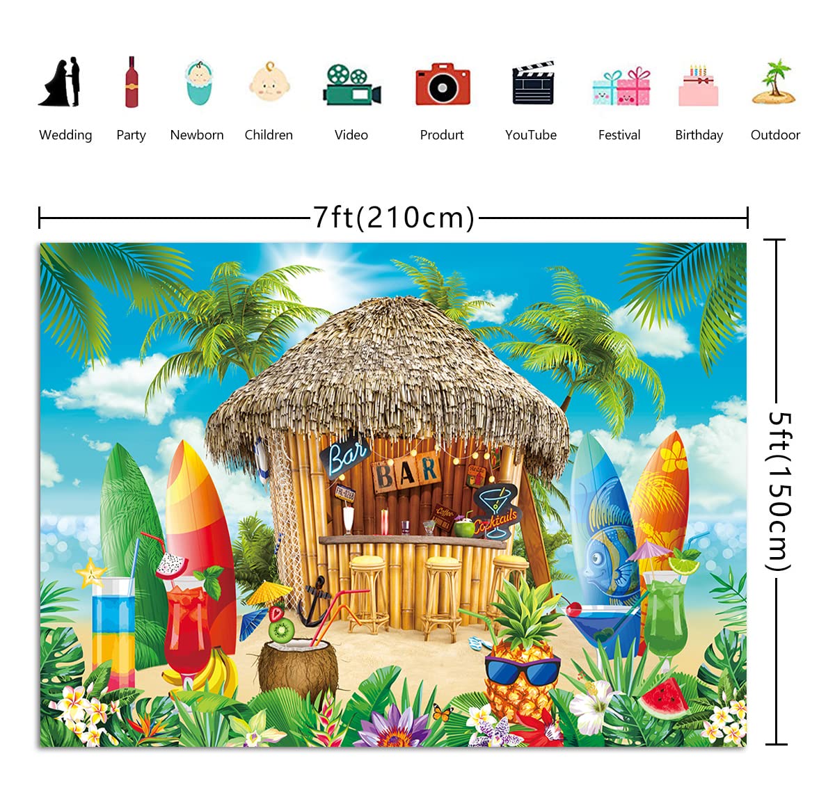 Toile De Fond Plage 5x7FT - Thème Hawaiien Tropical - Palmiers, Surf - Pour Photo, Mariage, Fête