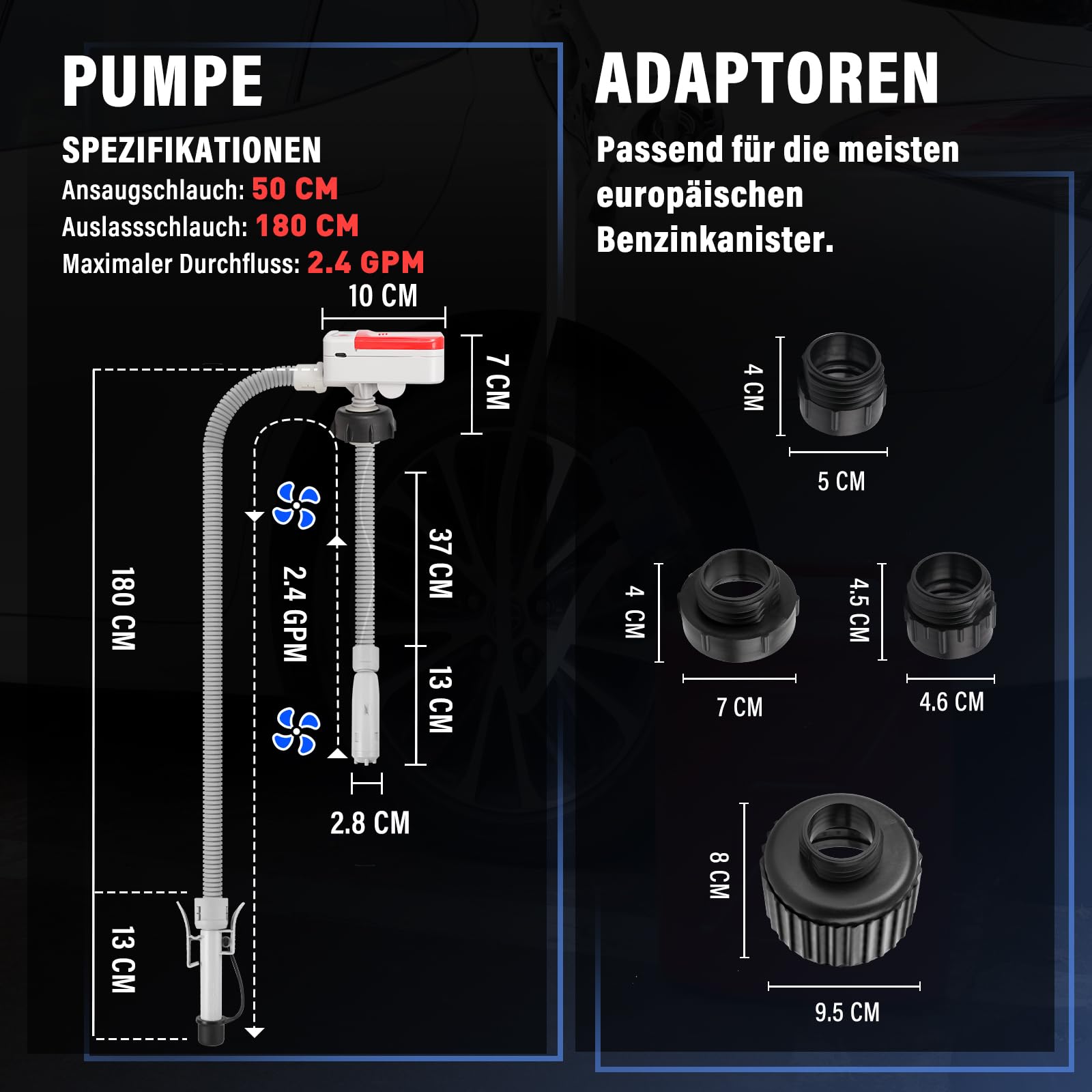 Kraftstoff Umfüllpumpe mit Auto-Stopp-Sensor, Kraftstoffpumpe mit 4 Größe Tankadapter, Elektrische Transferpumpe mit 1.8M Schlauch, Dieselpumpe für Benzin, Diesel, Öl, Absaugung Benzinpumpe