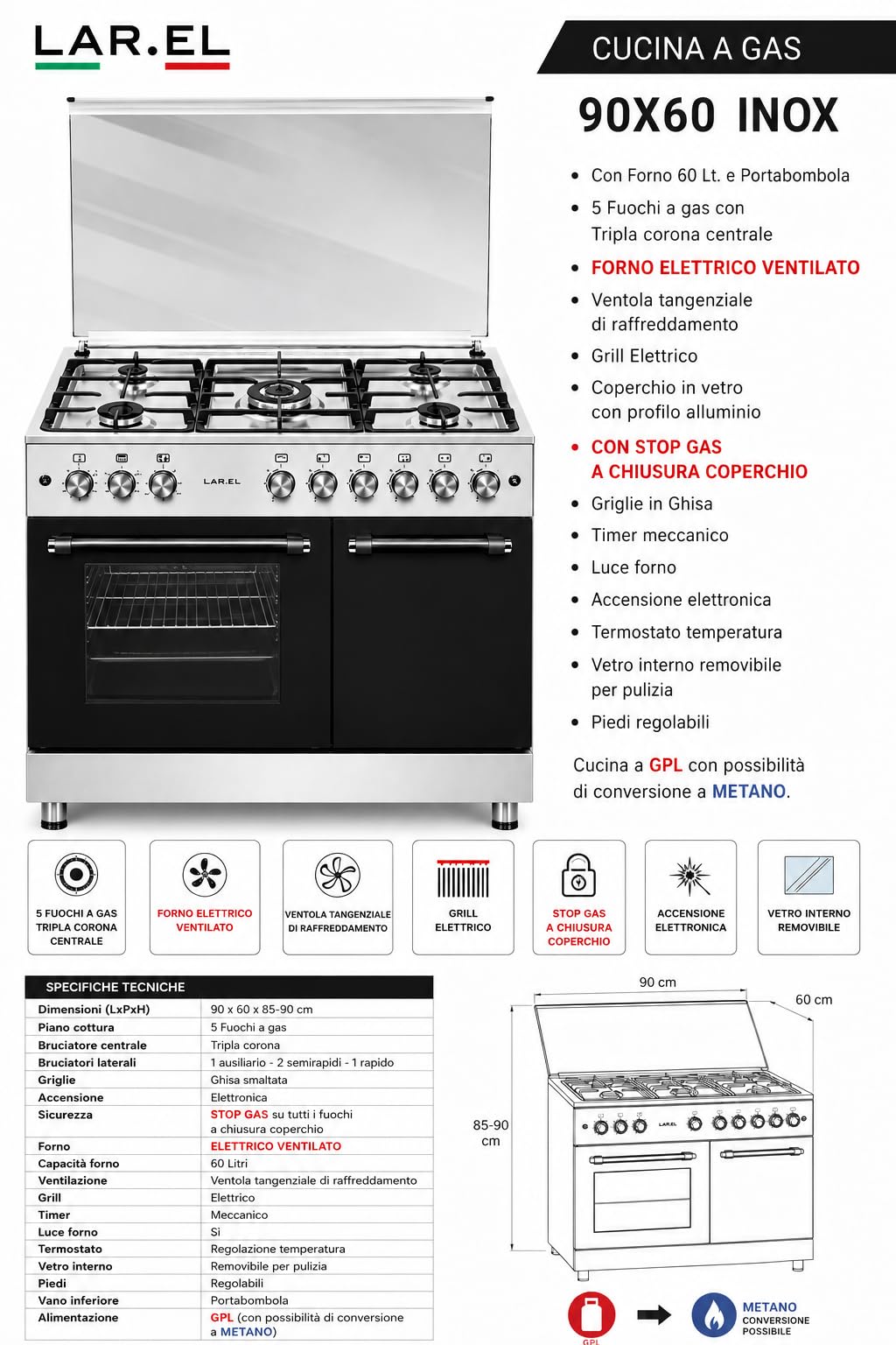 Cucina da 90x60 Lar.El forno elettrico con vano porta bombola 5 fuochi acc. elettrica