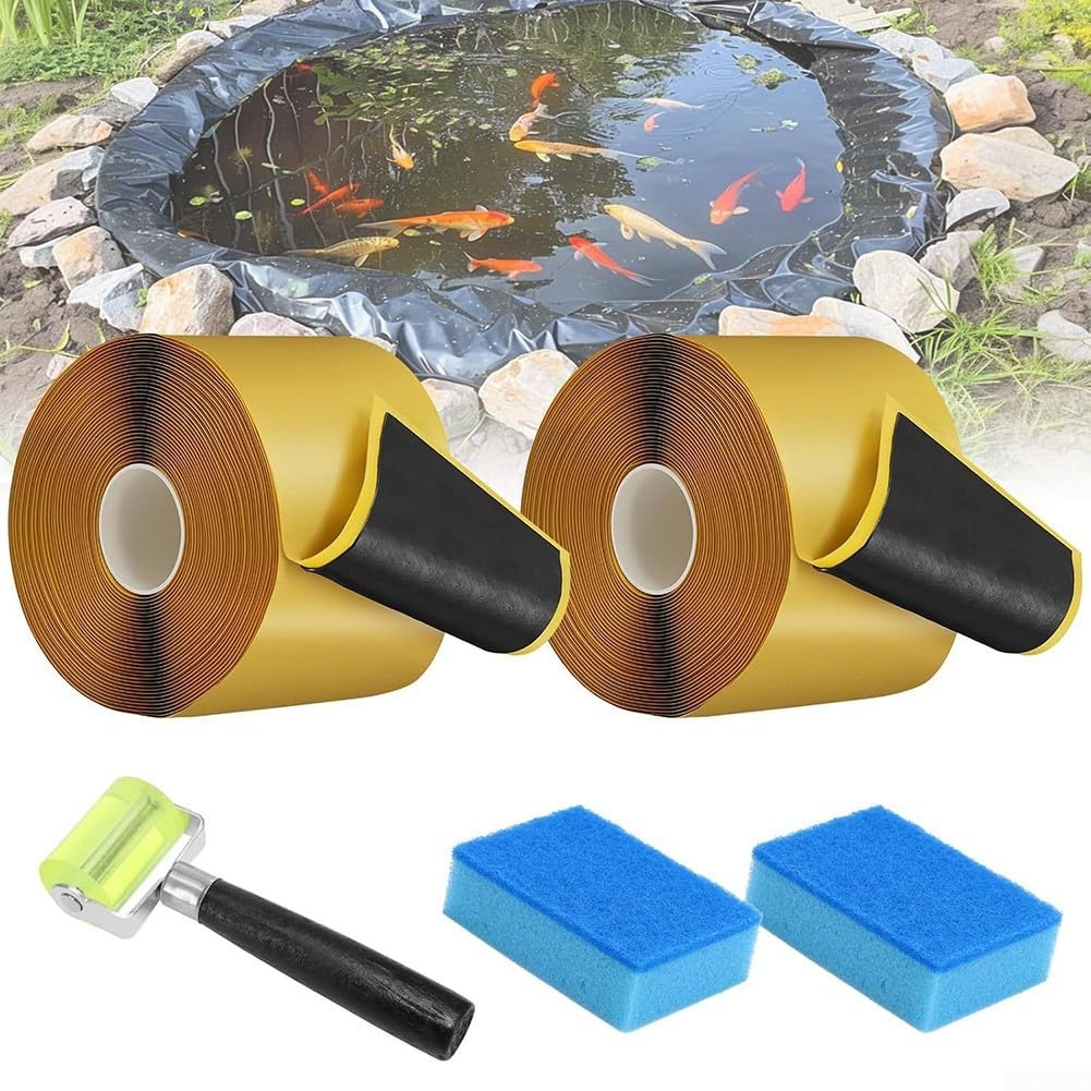 Nastro biadesivo in butile per stagni con rullo: kit di sigillatura impermeabile per la riparazione di piscine e laghetti di pesci, include spugne per una facile applicazione fai da te (B)