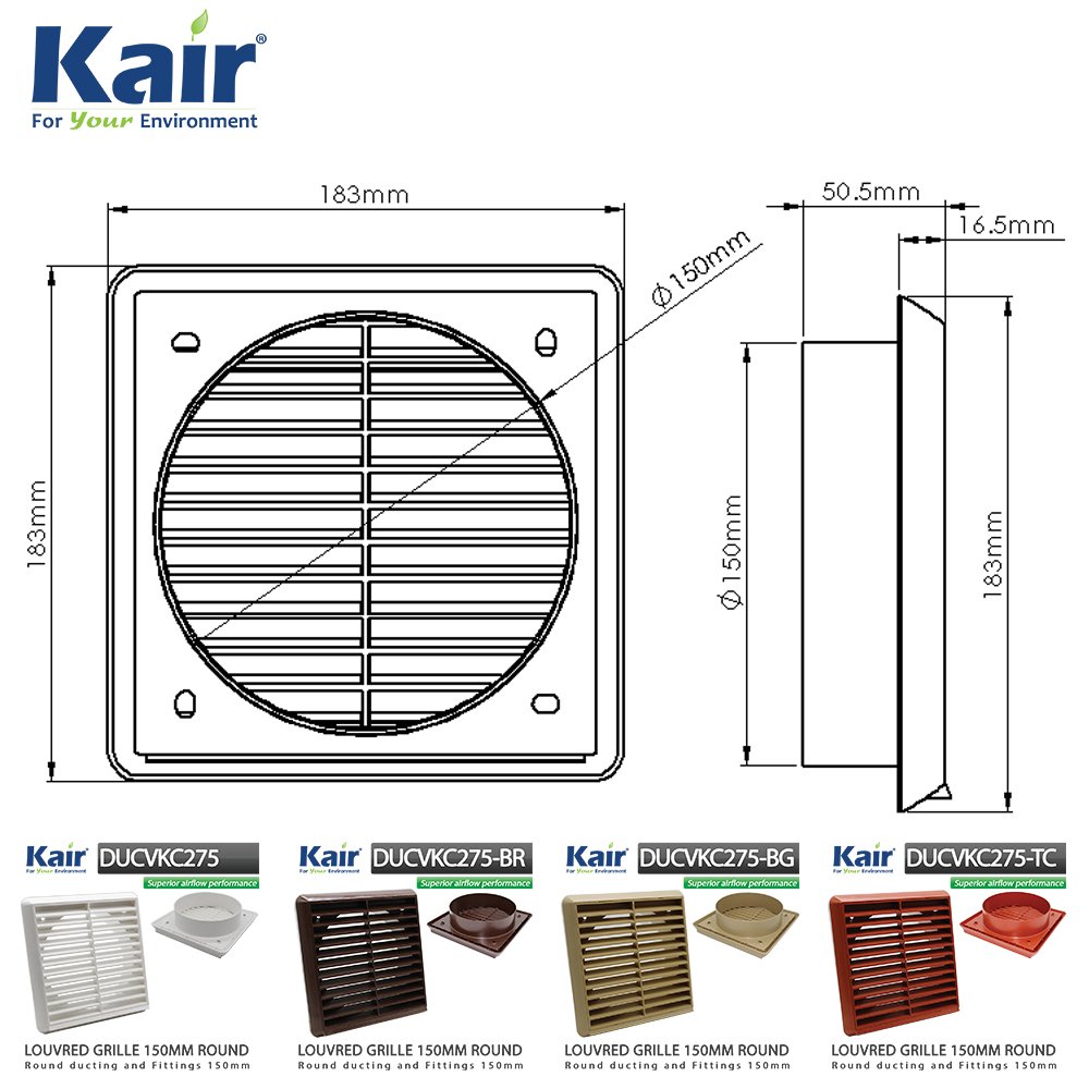 Kair Brown Louvred Grille 183mm External Dimension with Round 150mm - 6 inch Rear Spigot - Wall Ducting Air Vent - Image 2