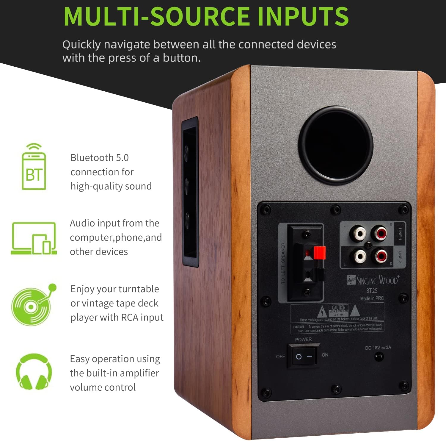 New Deal SINGING WOOD BT25 Bluetooth Powered Bookshelf Speakers for Record Player with Built-in Amplifier -2 AUX Input -Full Function Remote Control -Wooden Enclosure -50 Watts RMS (Beech Wood)