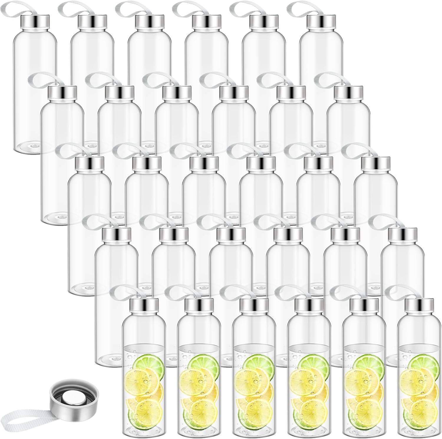 Zubebe 40 Pcs Reusable Water Bottles Bulk Clear Bottles with Stainless Steel Leak Proof Lids Acrylic Bottles with Nylon Carrying Strap Shaker Bottles for Water, Milk, Smoothie, Juice Beverage
