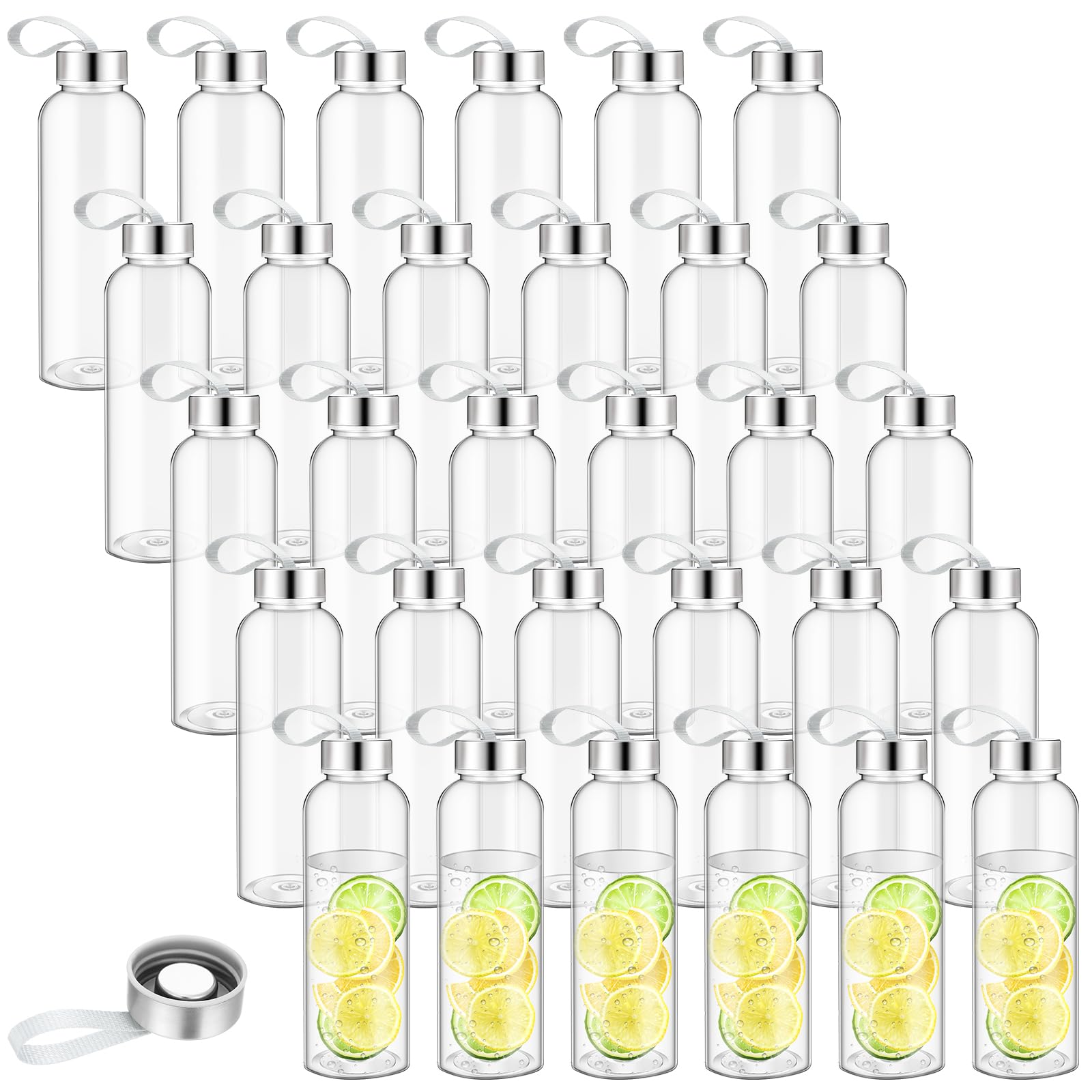 Zubebe 40 Pcs Reusable Water Bottles Bulk Clear Bottles with Stainless Steel Leak Proof Lids Acrylic Bottles with Nylon Carrying Strap Shaker Bottles