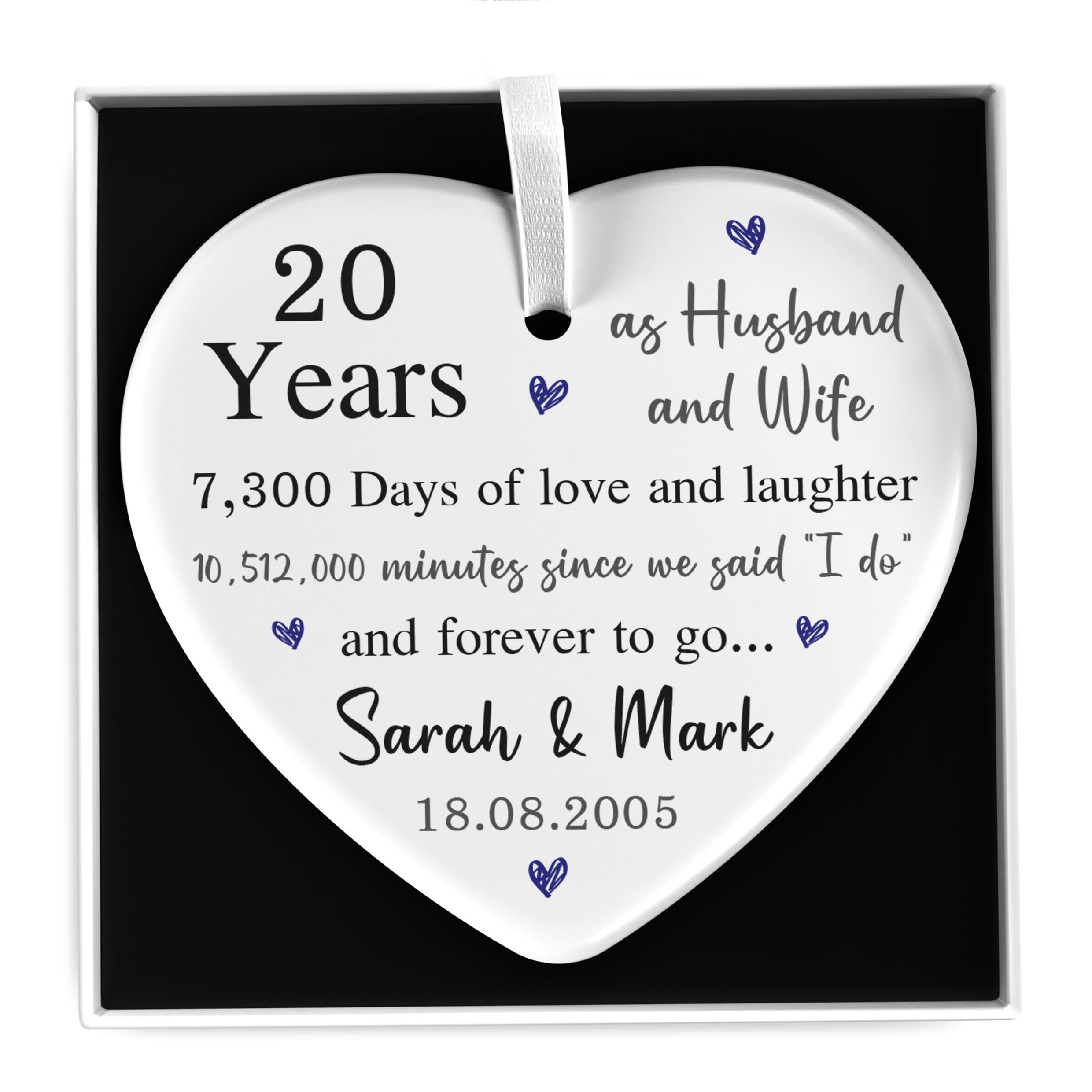 Beecreative Personalised 20th Anniversary Gifts For Husband Wife - White Ceramic Ornament - China Wedding Anniversary Keepsake - With Gift Box