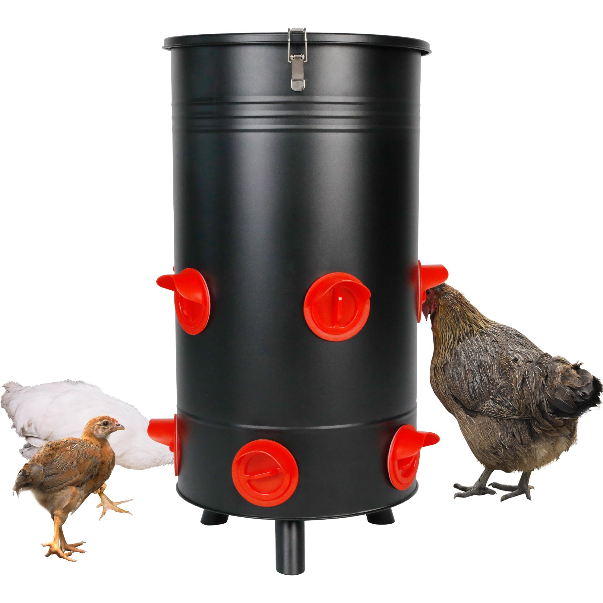 JonesHouseDecoFerrous Metal Chicken Feeder Bucket Double Outlet Portable Feeding Trough Galvanized Steel Chicken Feeder with cover Rust-Resistant Easy to Clean Chicken Coops Accessories (Black)