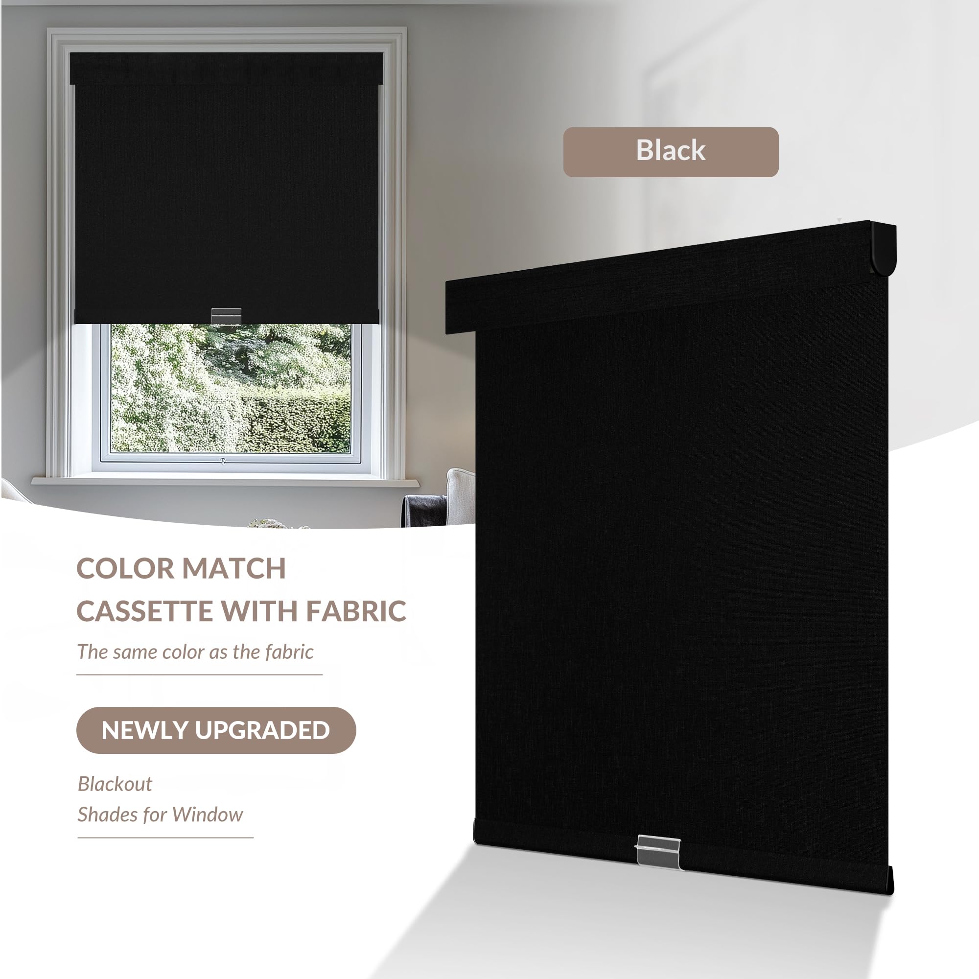 MoDanCeQ Blackout Roller Shades for Windows - Cordless Linen Fabric Roller Blinds, Thermal Insulated, UV Protection, Custom Window Shades for Home, Office, Door, Black, Custom Sizes