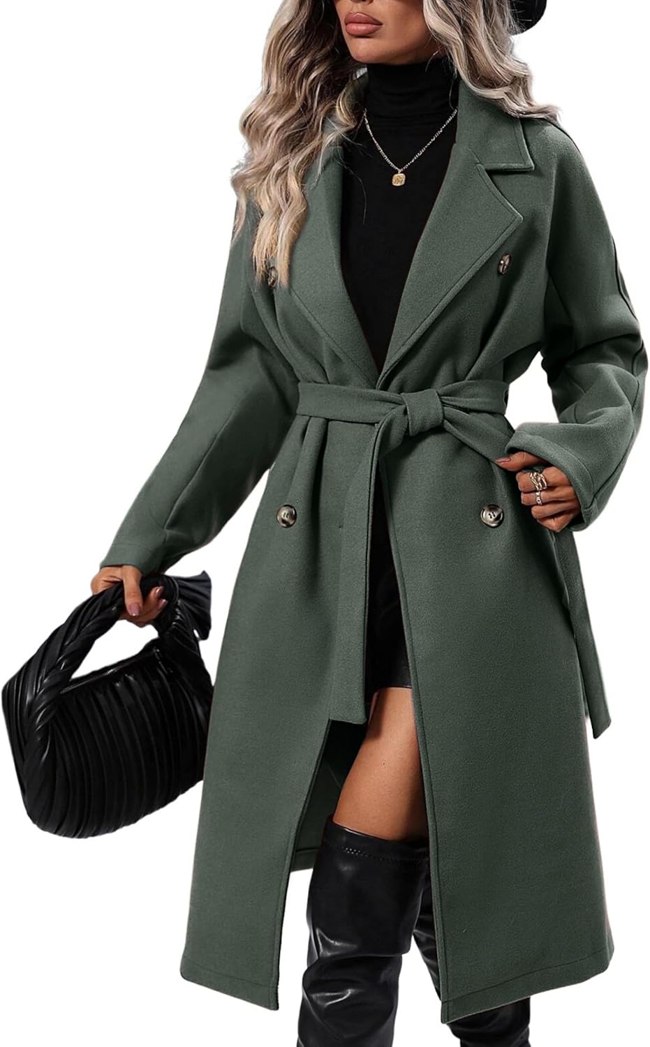 OPCAKM Women's Winter Wool Blend Pea Coat Double Breasted Notch Lapel Long Trench Coat