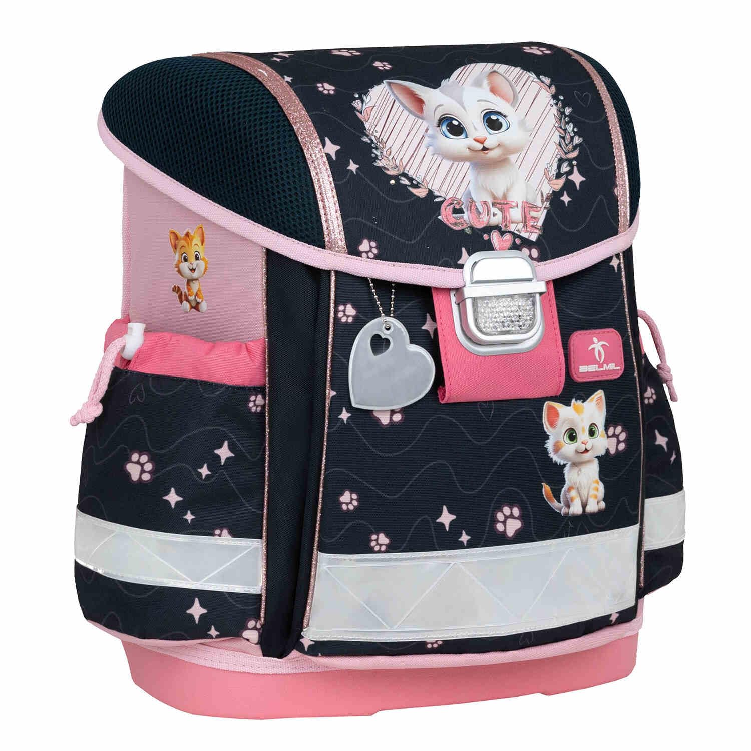 Belmil Schulranzen Set 403-13/AG/S/R 5 - teilig ergonomischer Schulranzen Set mit Regenschutz 1. klasse 2. klasse 3. klasse - Super Leicht 930-990 g/Grundschule (Cute Kitten 2)