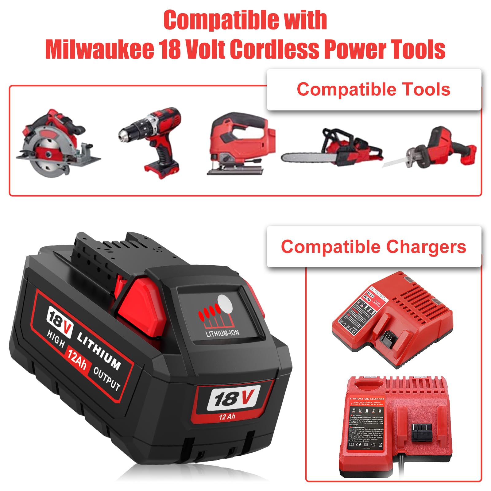 12.0Ah 48-11-1852 Replacement for Milwaukee 18V Battery, Compatible with Milwaukee 18 Volt Batteries 48-11-1862 48-11-1815 48-11-1890 48-11-1860 48-11-2230 (Multi-4pc)