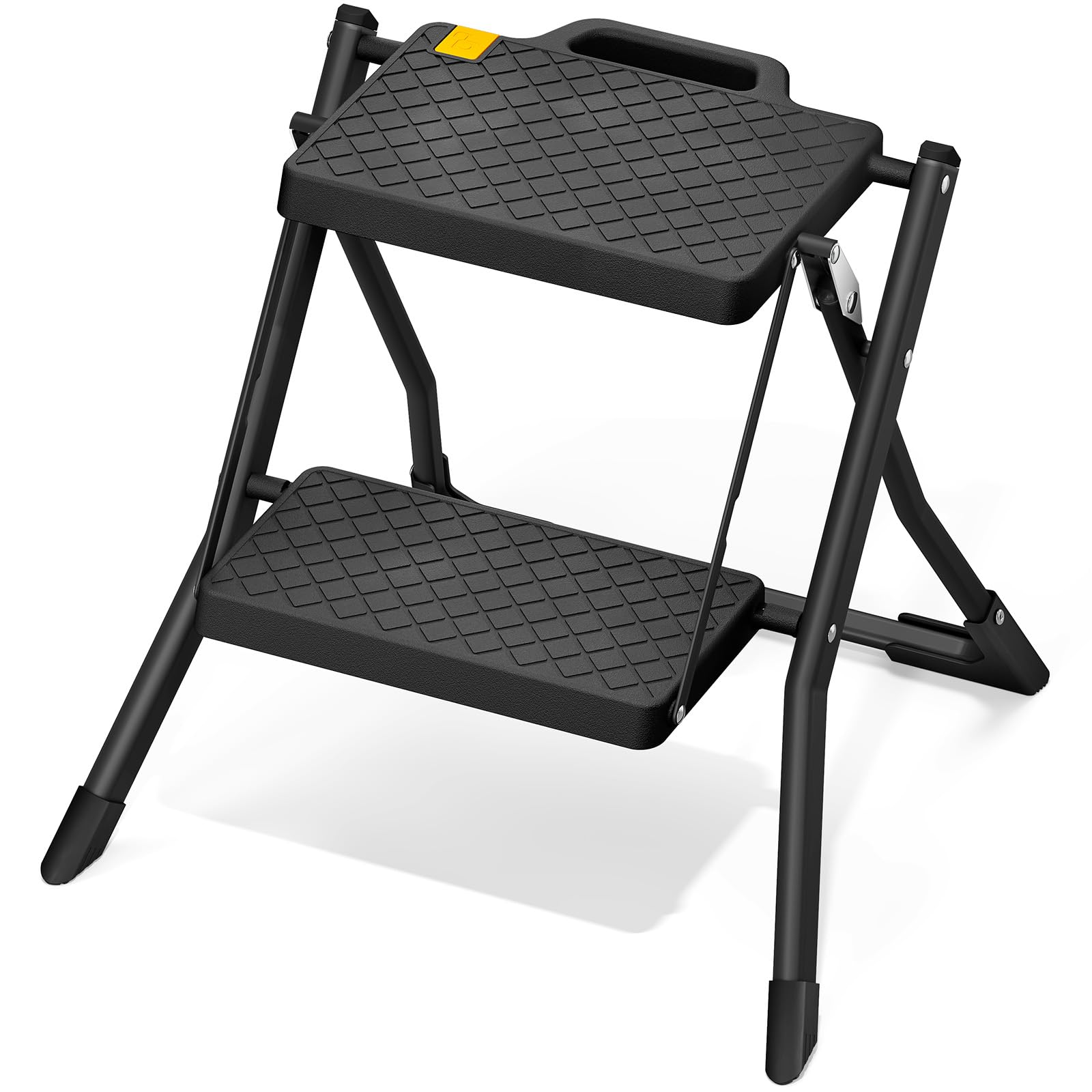 Urackify Scaletta 2 Gradini, Scalino Pieghevole con Pulsante di Sblocco | Sgabello con Pedana Antiscivolo, Leggero in Acciaio per Casa, Cucina, Camper, Roulotte, Portata fino a 150 kg, Nero