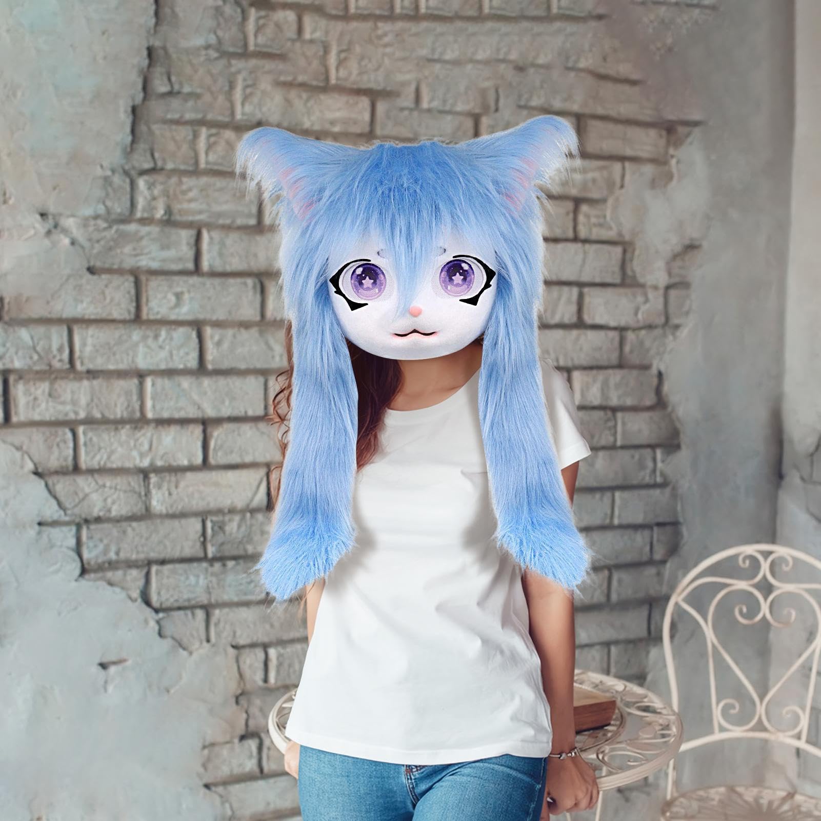 Cabezas peludas para cosplay, máscara de gato con ojos grandes, pelo largo, accesorio de disfraz realista, accesorios de cosplay para actuaciones de teatro, fiesta de Halloween, bailes de máscaras