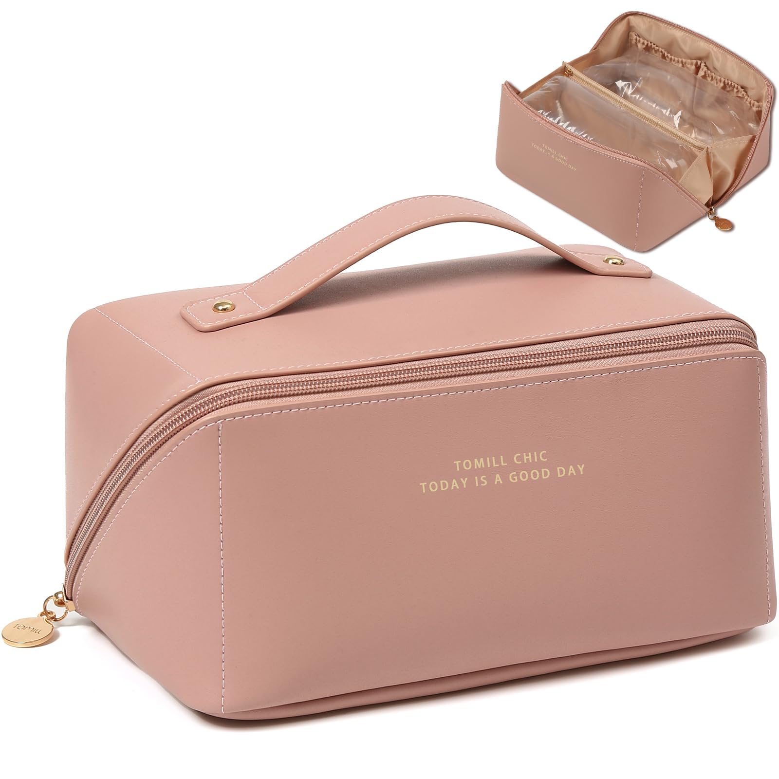 Large Makeup Bag Travel Cosmetic Bag for Women Wide-open Portable Leather Travel Toiletry Bag Waterproof Makeup Bag for Cosmetics Toiletries Accessories, A-Pink, Sweetness 9.5*5.2*5.2 inches