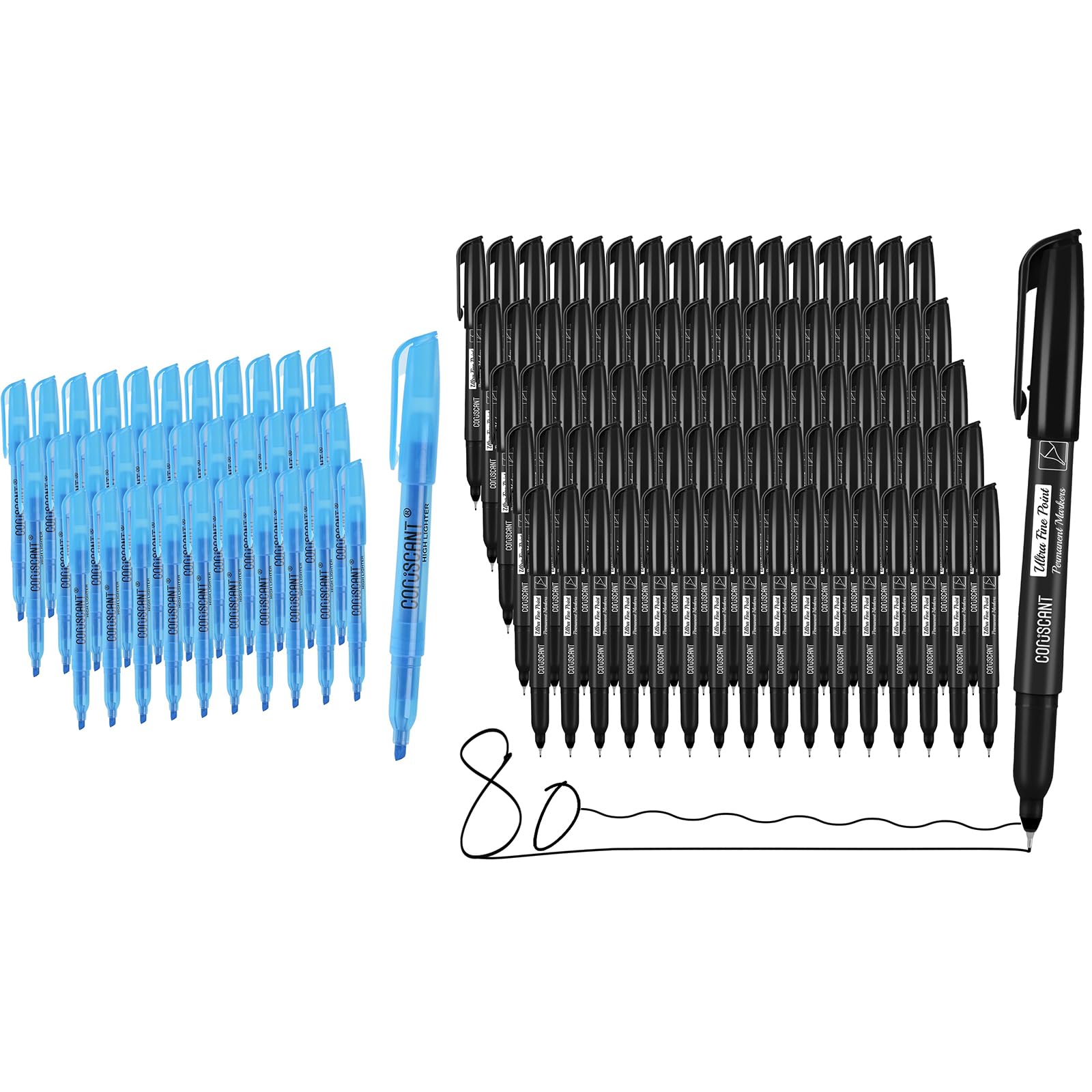 coruscant Blue Highligters 32 Pack with Ultra Fine Point Permanent Markers, 80 Pack