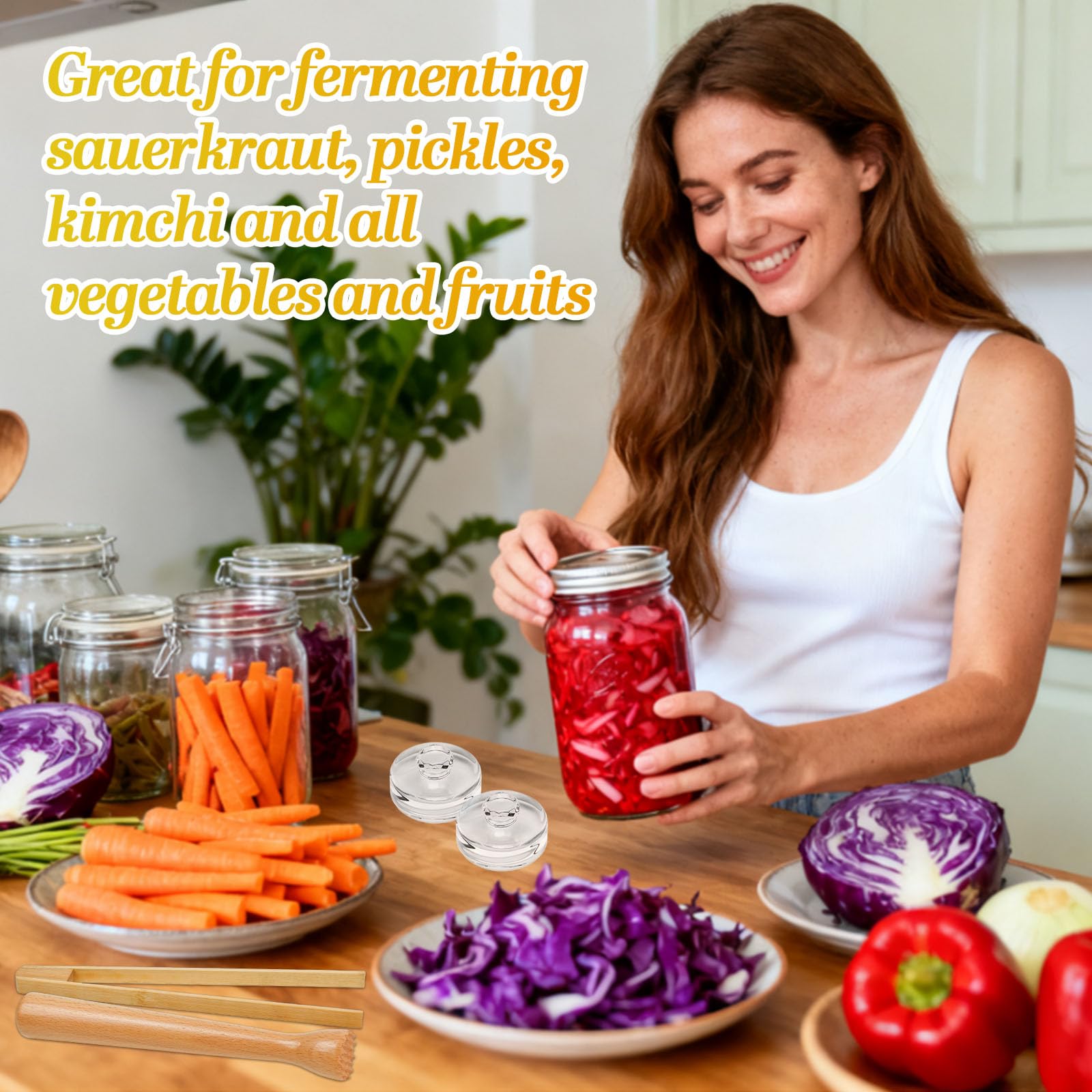 4 Pezzi Set di Accessori per Fermentazione con 2 Pesi in Vetro per Fermentazione 7 cm, Bastone da Schiacciamento di Fermentato e Pinza Fermentazione per la Fermentazione dei Crauti Kimchi