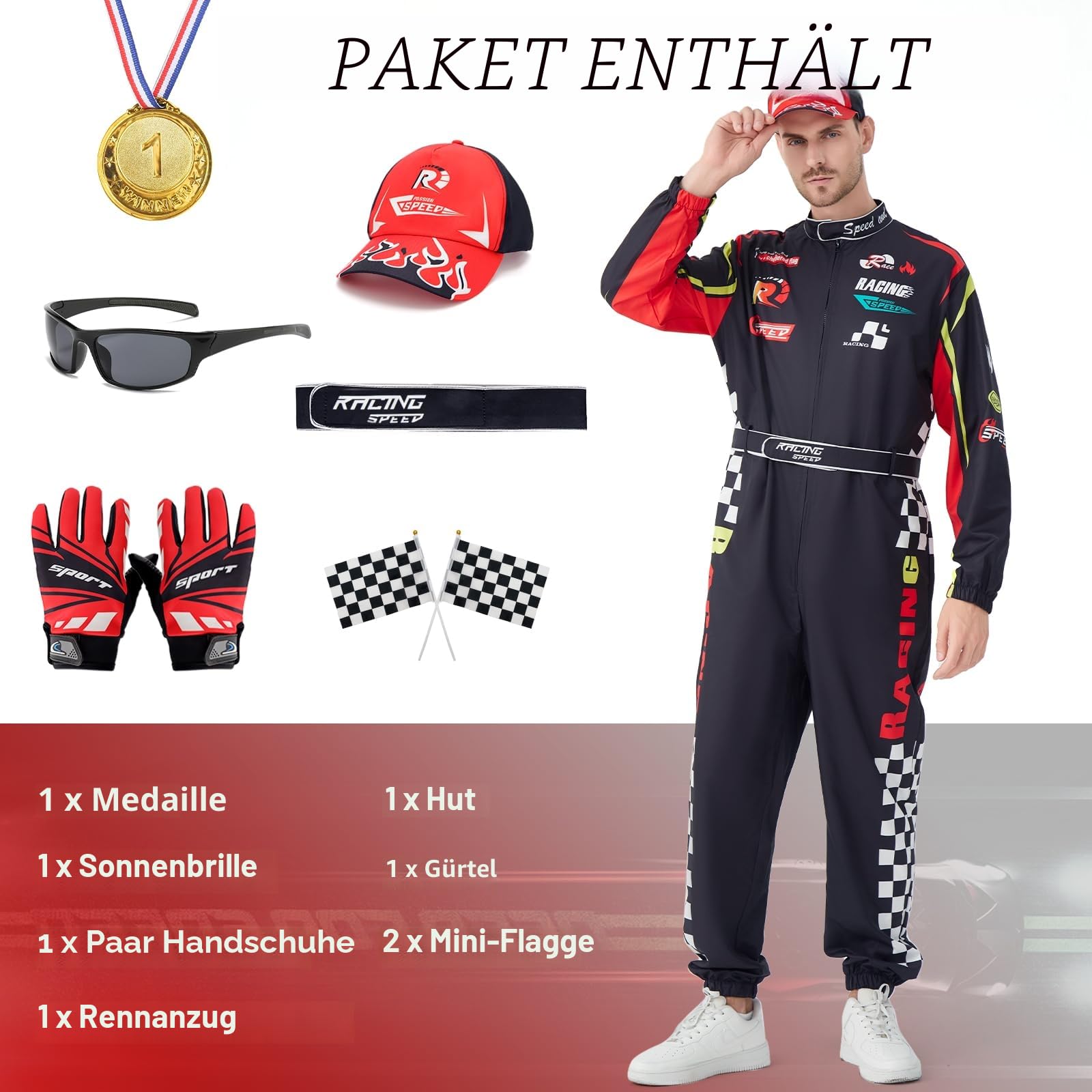 Rennfahrer Kostüm Herren Damen Rennfahrer Anzug Jumpsuit Overall mit Hut Sonnenbrille Handschuhe Gürtel Halloween Karneval Erwachsene Racer Komplettset