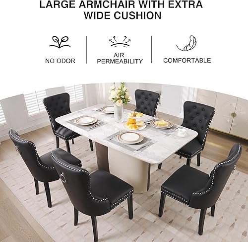 Miniatura 6 de Juego de 4 sillas de comedor de piel sintética, tapizadas con patas de madera maciza y anillo, color negro