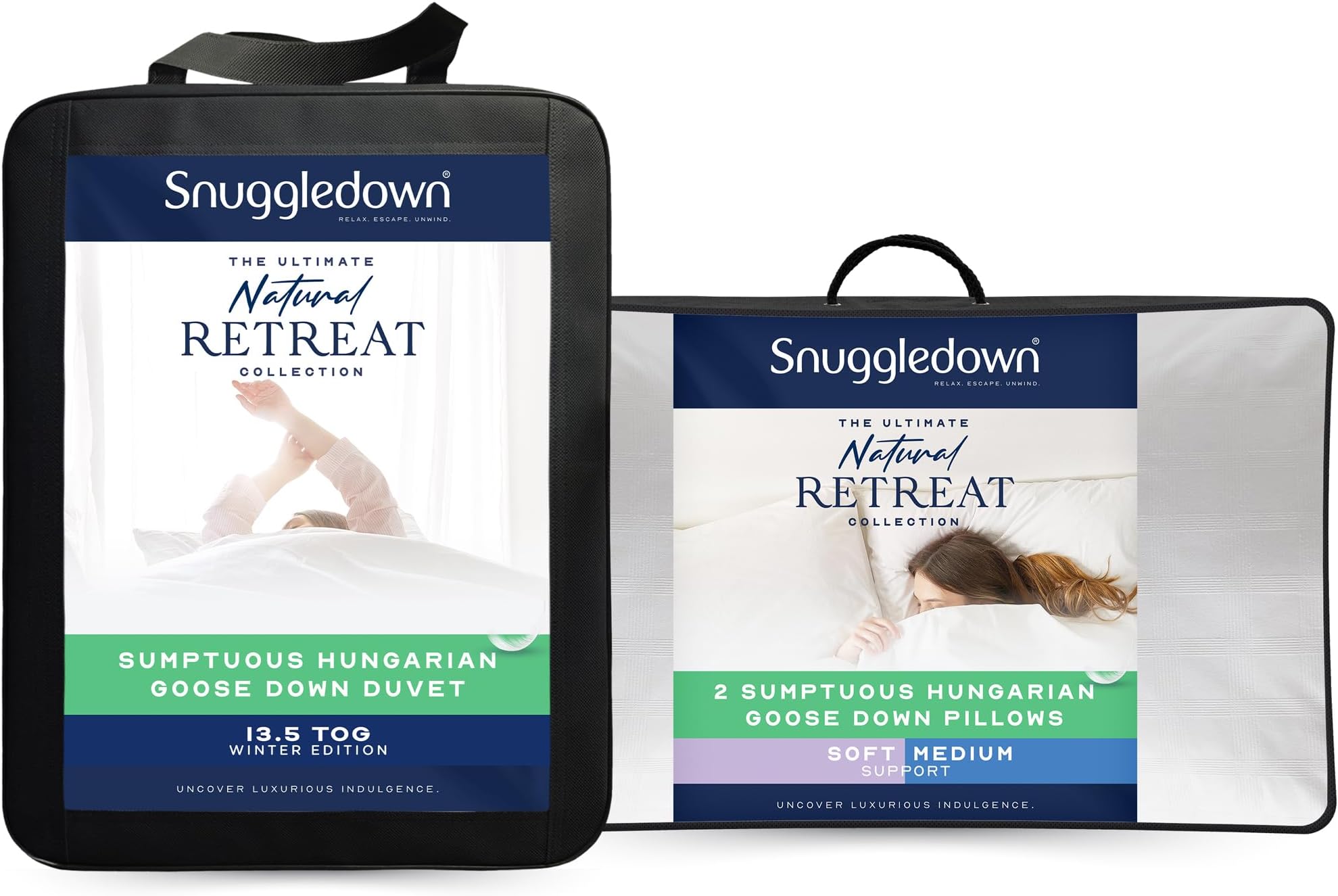 Snuggledown Hungarian Goose Down Double Duvet - 13.5 Tog Warm Winter Premium Quilt Ideal for Cold & Chilly Nights, 2 Soft Pillows - Jacquard Cotton Cover, Machine Washable, Size (200cm x 200cm)