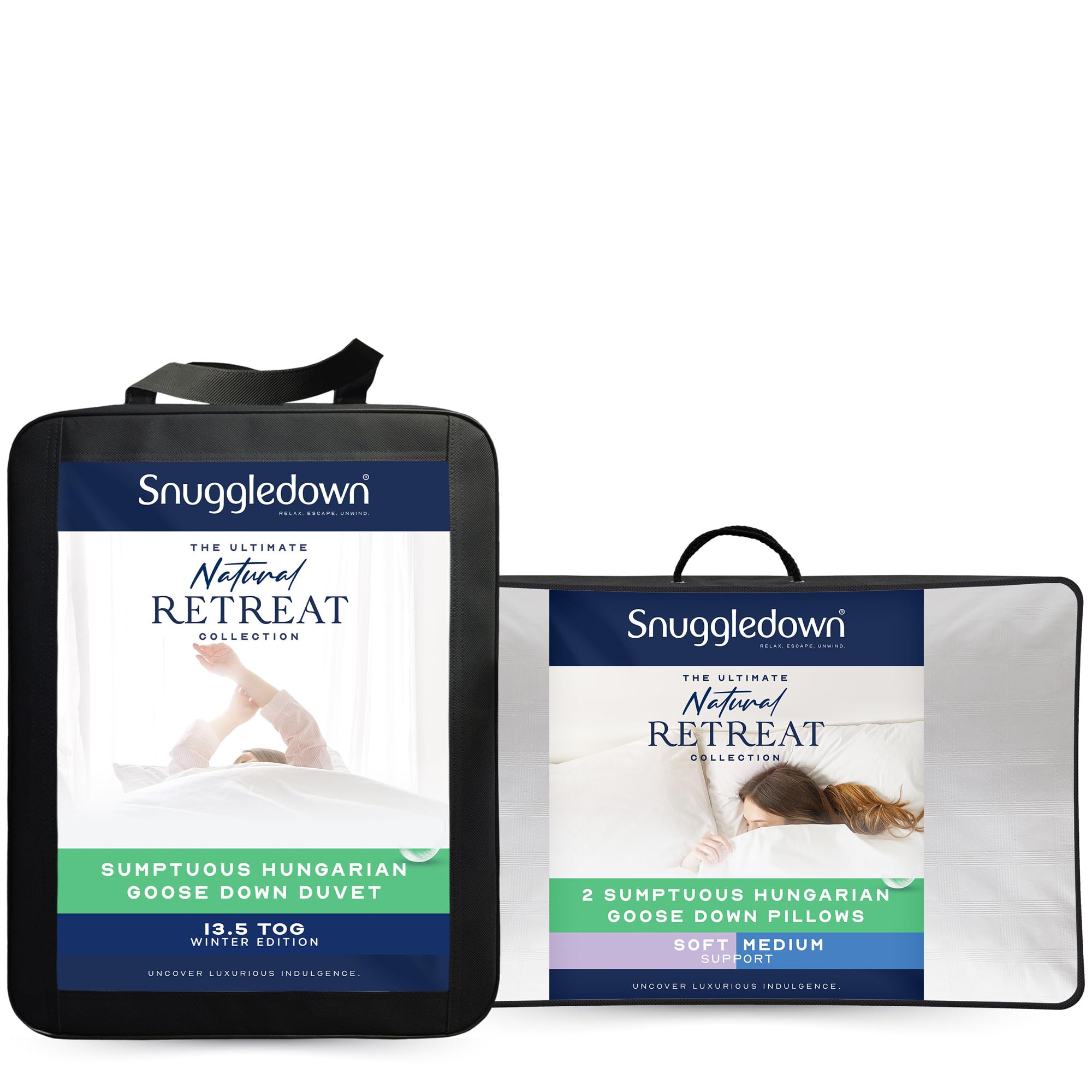 Snuggledown Hungarian Goose Down Double Duvet - 13.5 Tog Warm Winter Premium Quilt Ideal for Cold & Chilly Nights, 2 Soft Pillows - Jacquard Cotton Cover, Machine Washable, Size (200cm x 200cm)