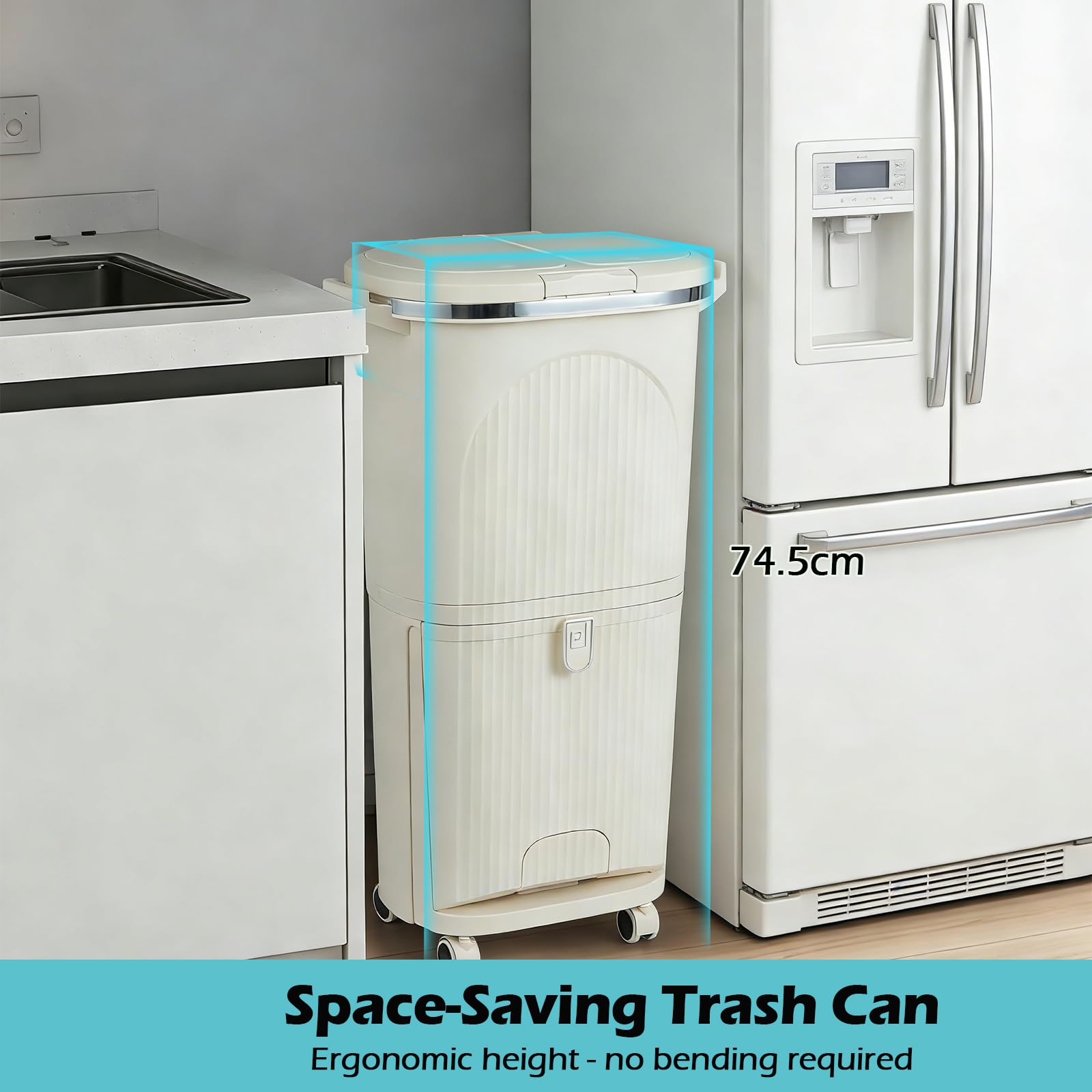 LIFEZEAL Cubo de Basura Reciclado de 38 L, de Plástico Beige, Diseño Vertical de 2 Capas con Pedal Oculto, Tapa a Presión, Ruedas con Frenos y Compartimentos para Clasificación de Residuos (Beige)